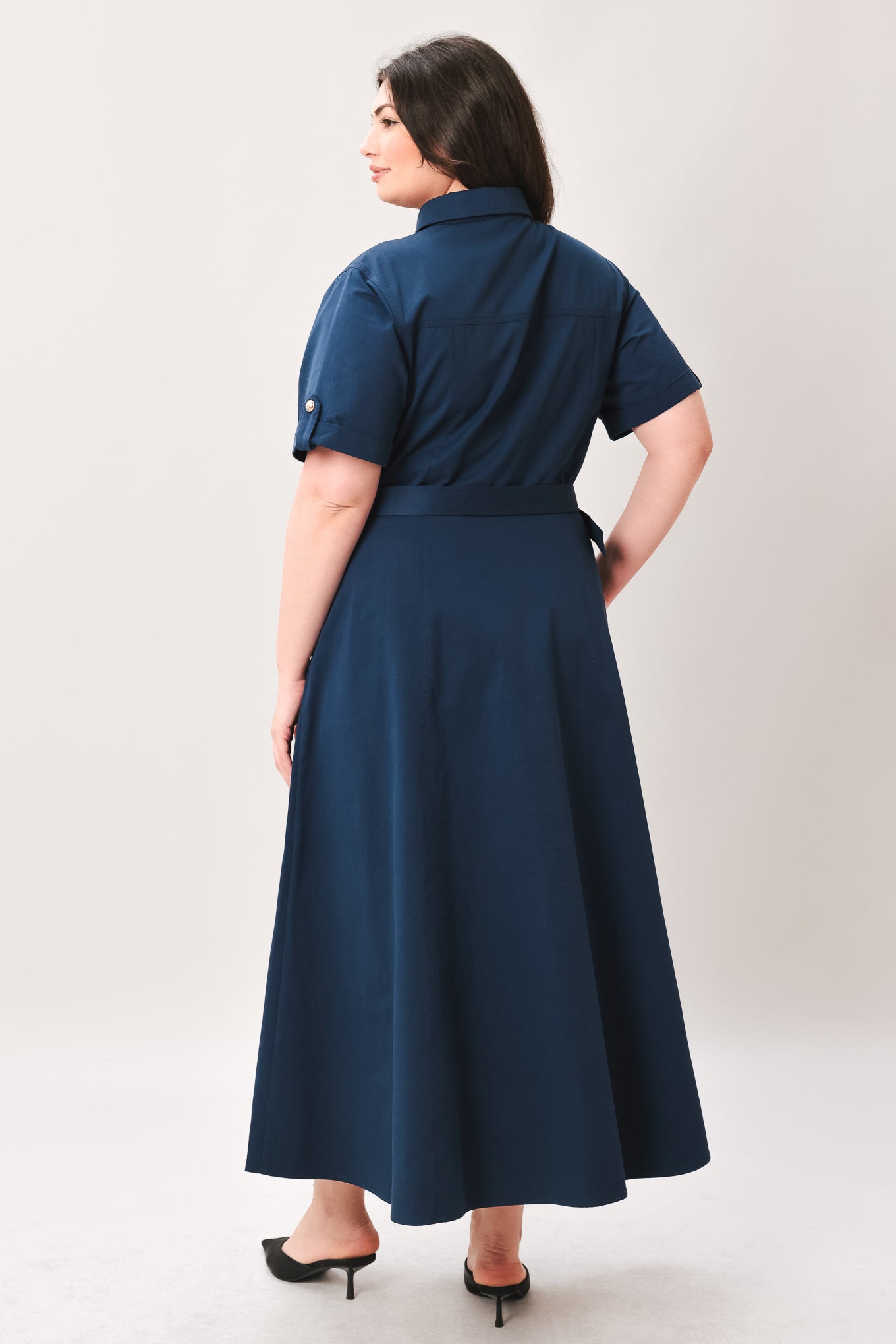 Classic Authority Woven Midi Dress in navy, view 9 — Soul Flow Apparel