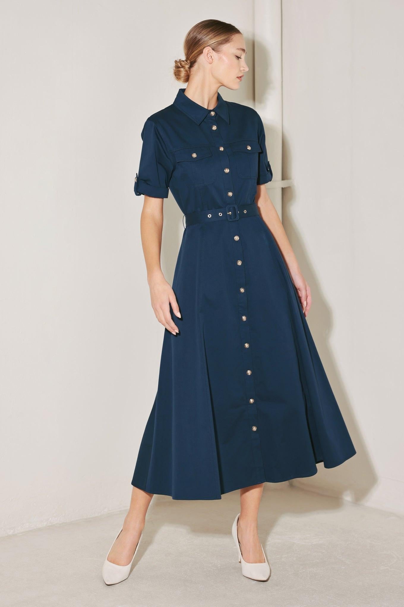 Classic Authority Woven Midi Dress in navy, view 1 — Soul Flow Apparel