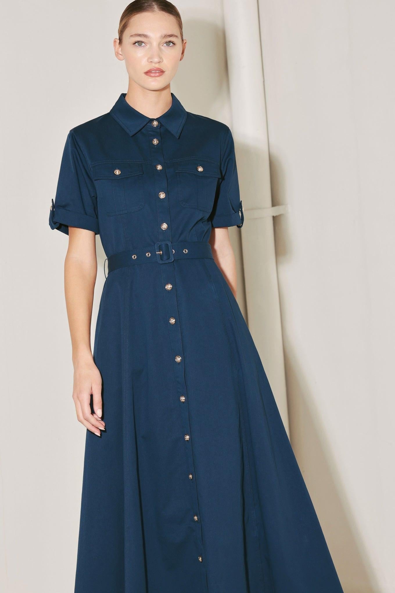 Classic Authority Woven Midi Dress in navy, view 2 — Soul Flow Apparel