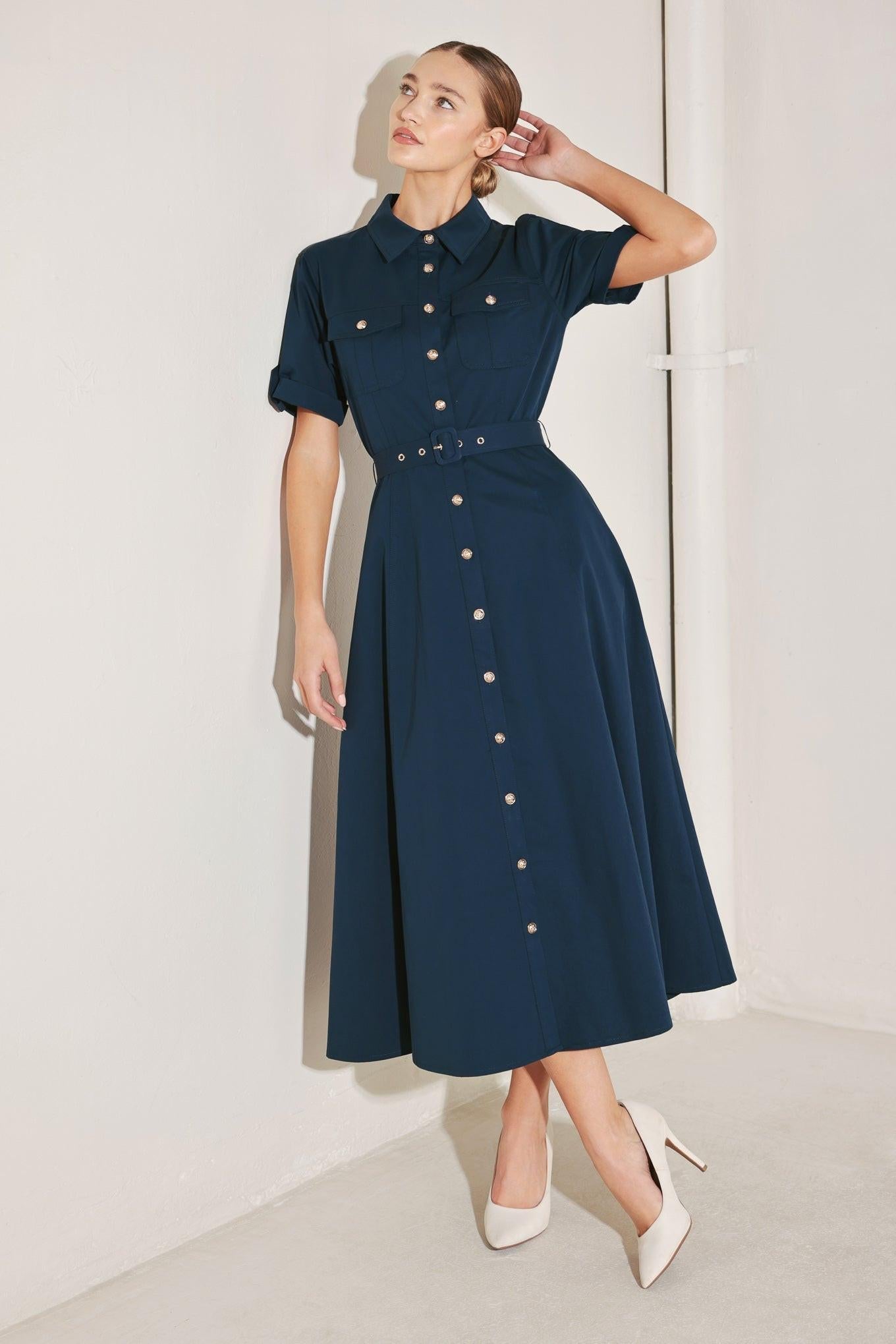 Classic Authority Woven Midi Dress in navy, view 3 — Soul Flow Apparel