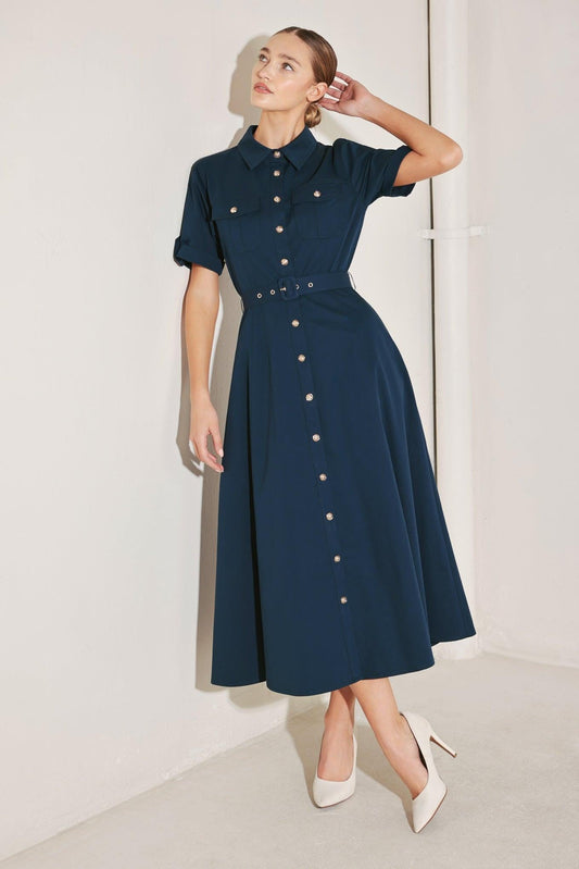 Classic Authority Woven Midi Dress in navy, view 3 — Soul Flow Apparel