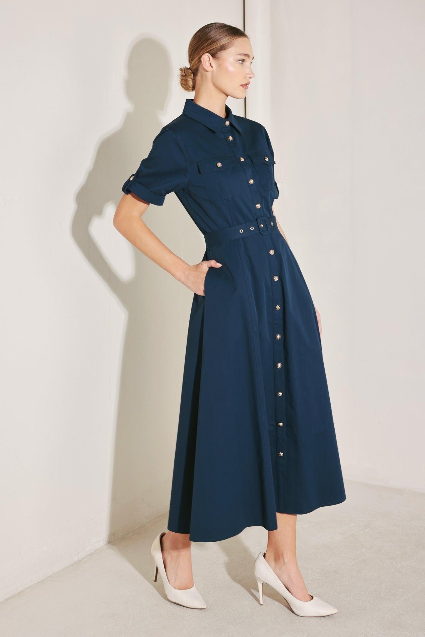 Classic Authority Woven Midi Dress in navy, view 5 — Soul Flow Apparel