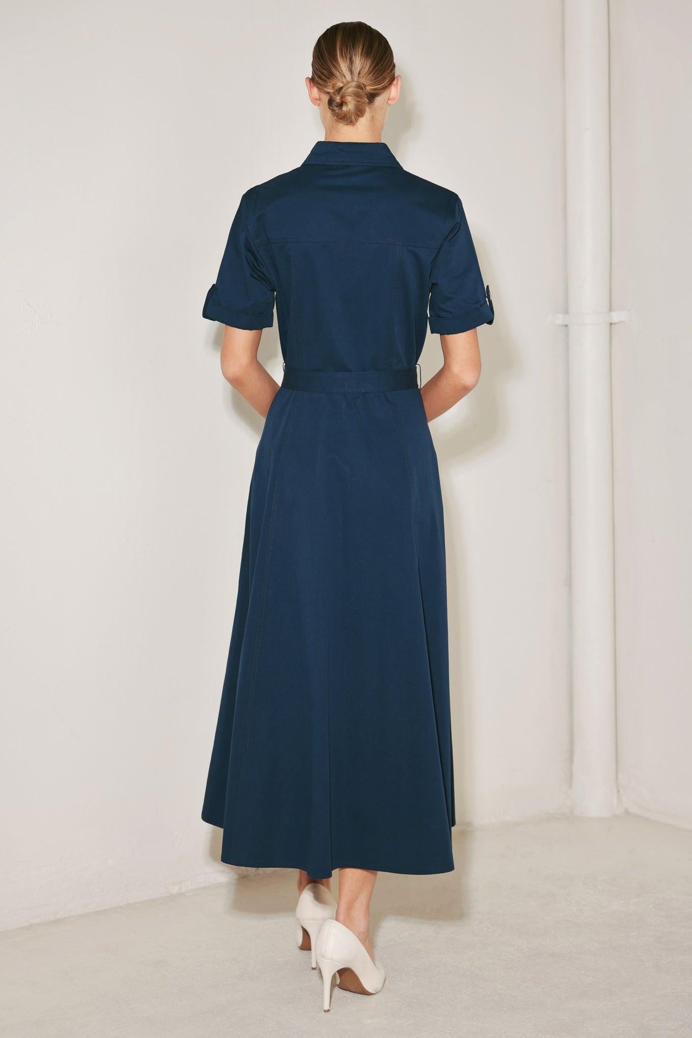 Classic Authority Woven Midi Dress in navy, view 6 — Soul Flow Apparel