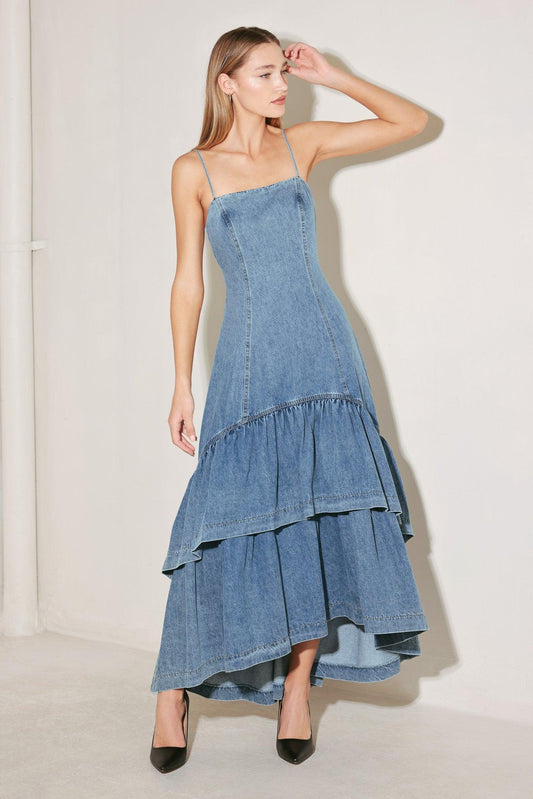 Runway Rebel Denim Midi Dress in indigo, view 1 — Soul Flow Apparel