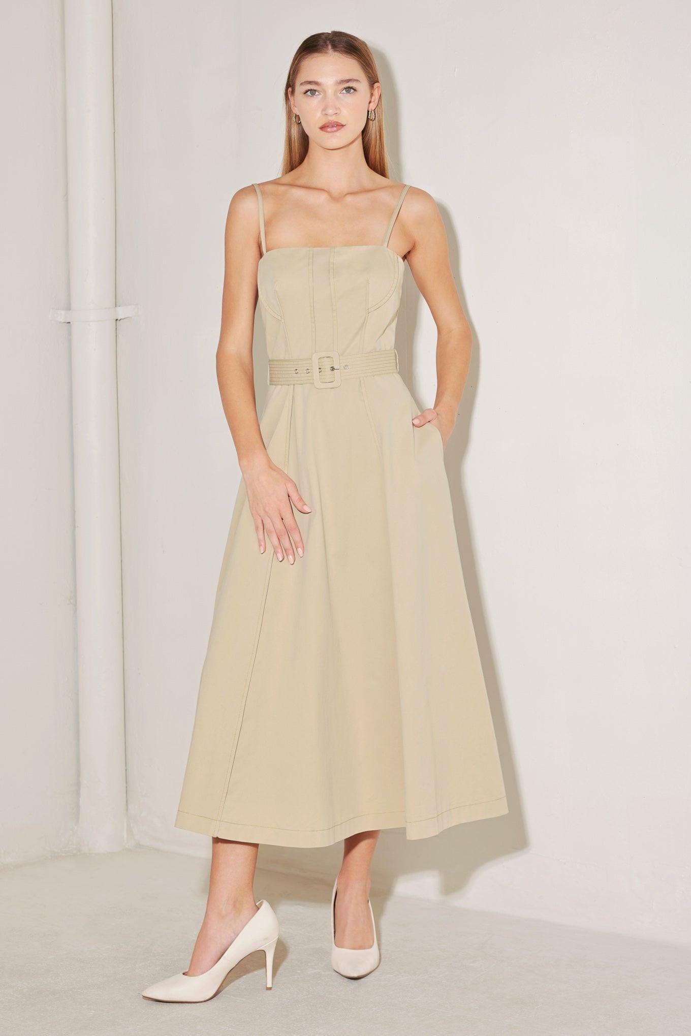 Understated Icon Woven Midi Dress in taupe, view 1 — Soul Flow Apparel