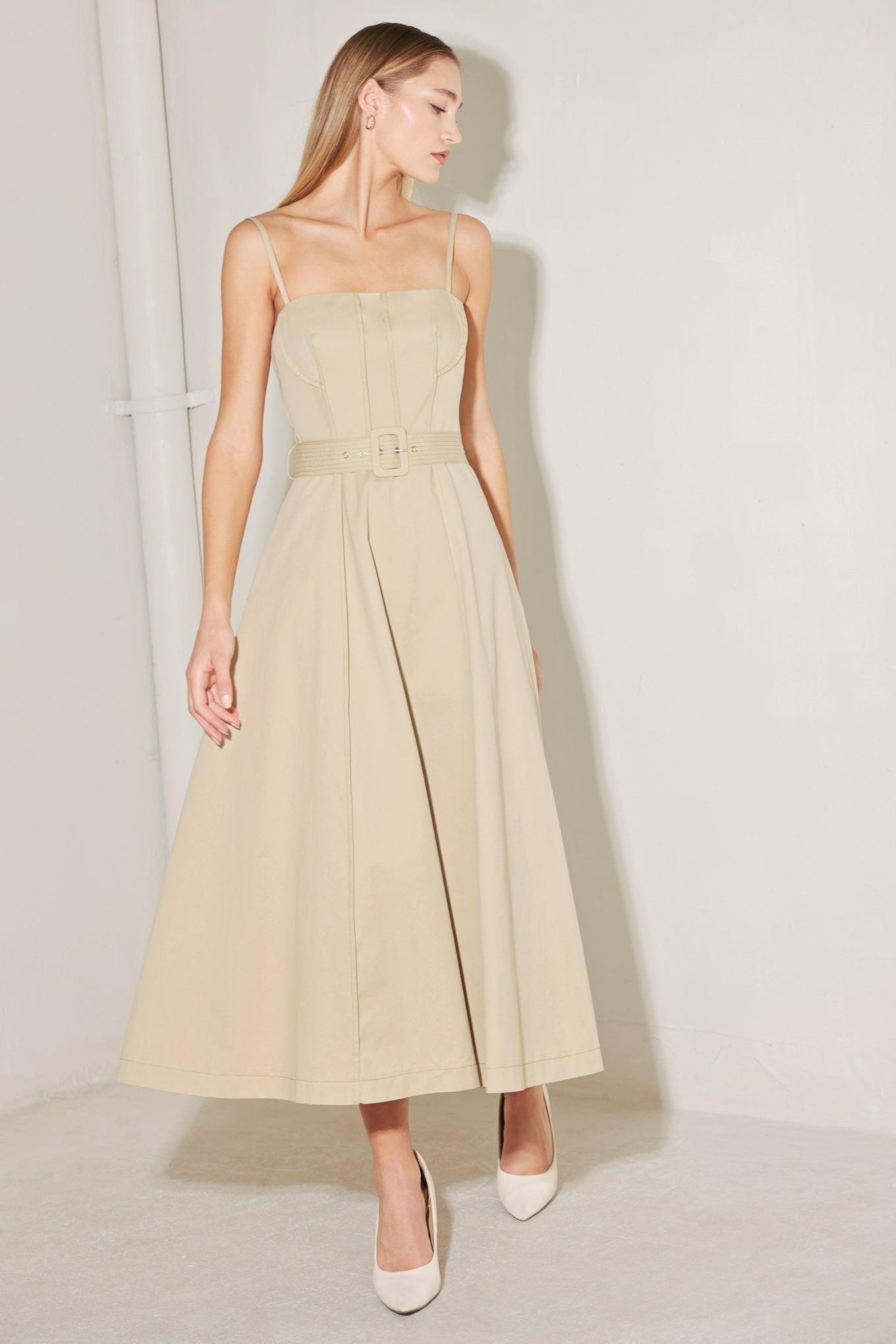 Understated Icon Woven Midi Dress in taupe, view 2 — Soul Flow Apparel