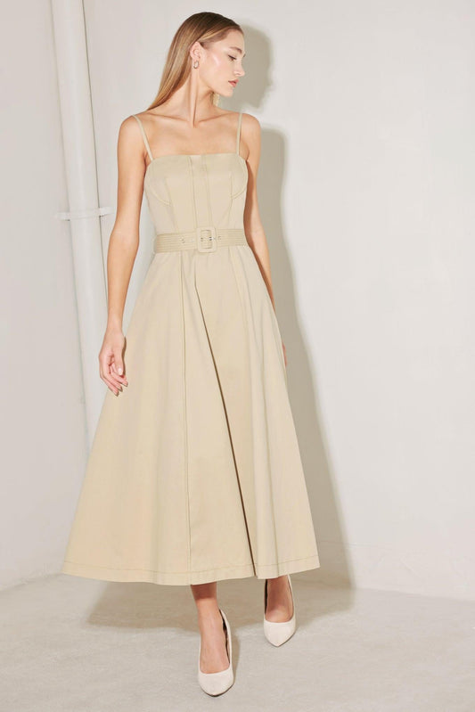 Understated Icon Woven Midi Dress in taupe, view 2 — Soul Flow Apparel