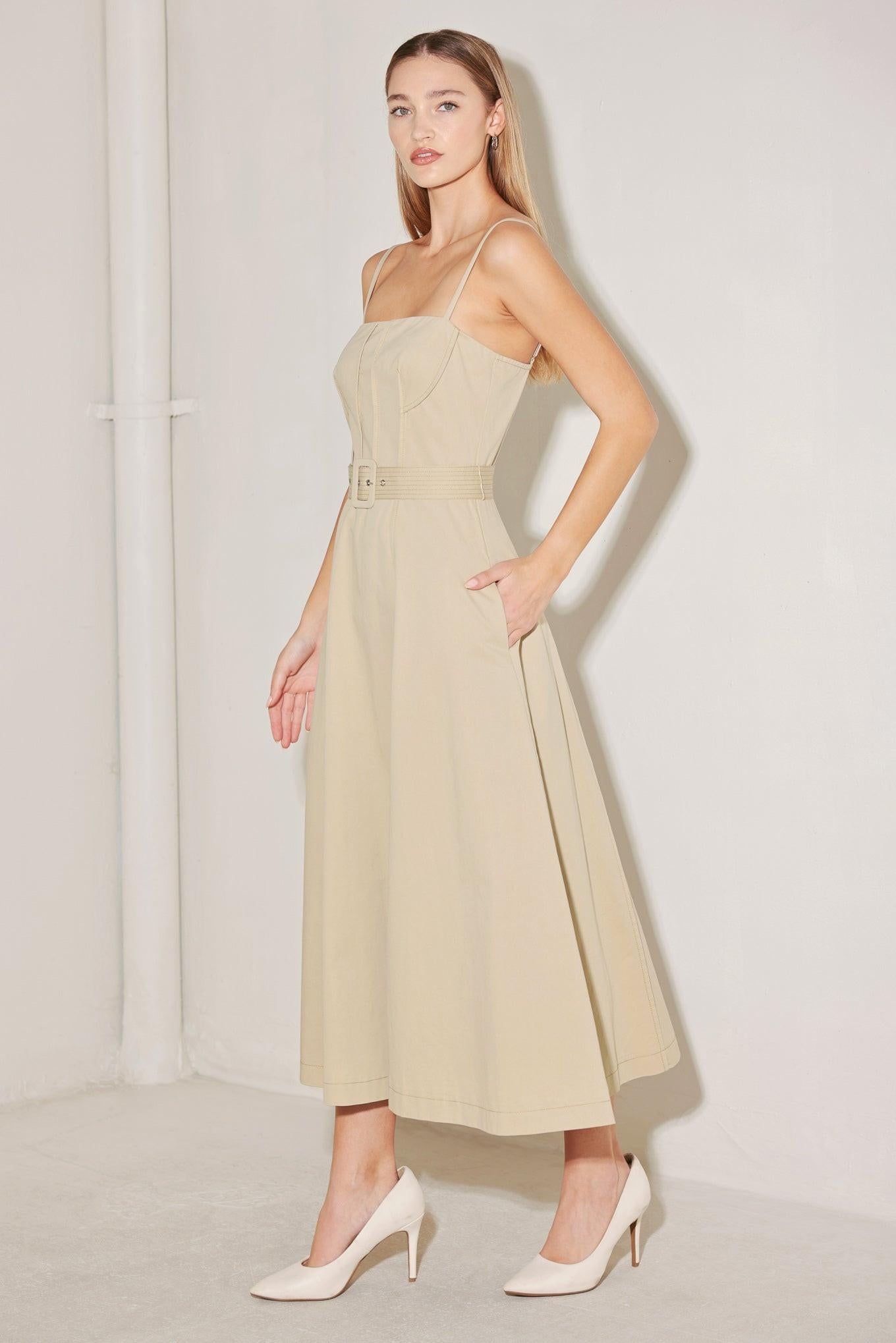 Understated Icon Woven Midi Dress in taupe, view 4 — Soul Flow Apparel