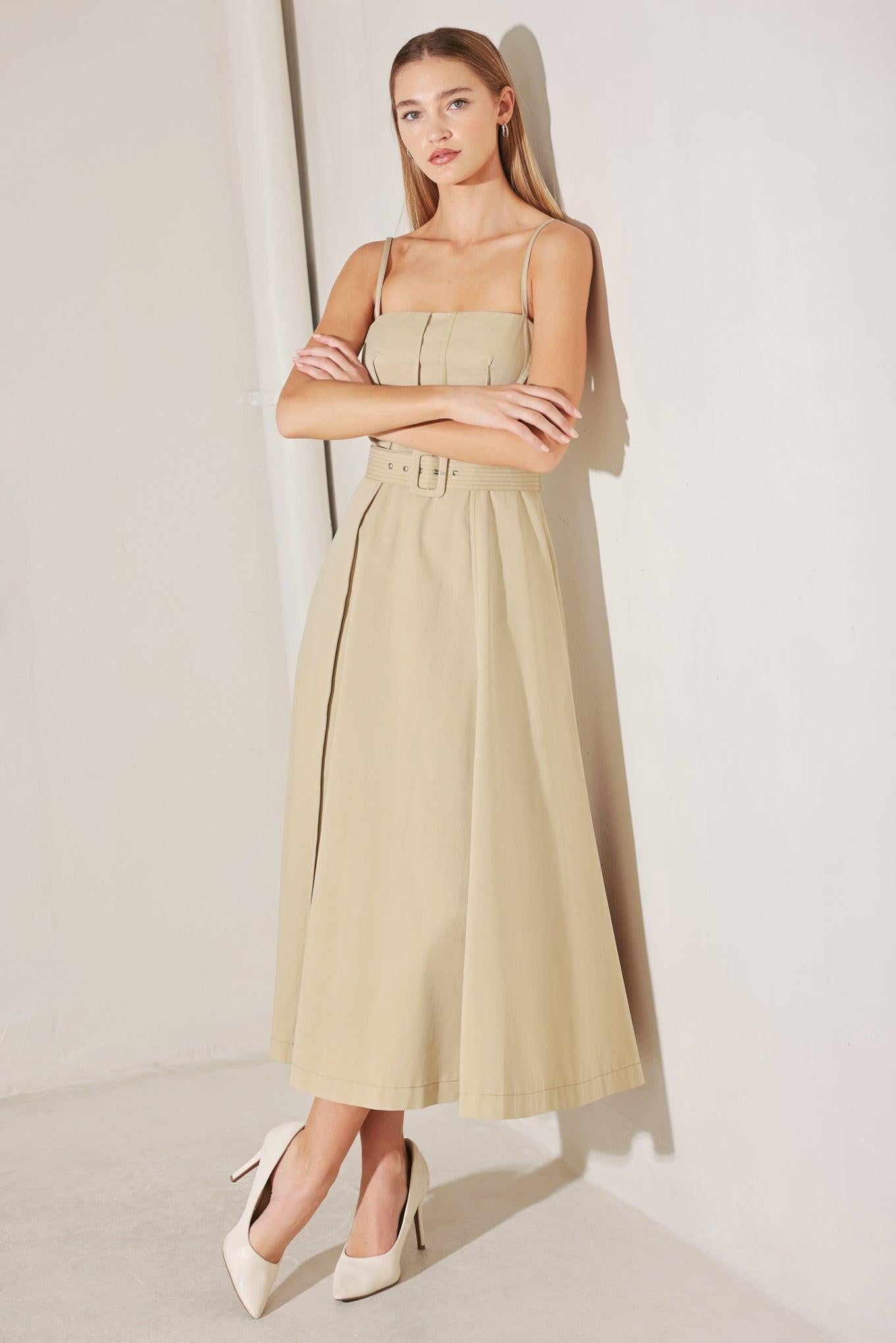 Understated Icon Woven Midi Dress in taupe, view 5 — Soul Flow Apparel