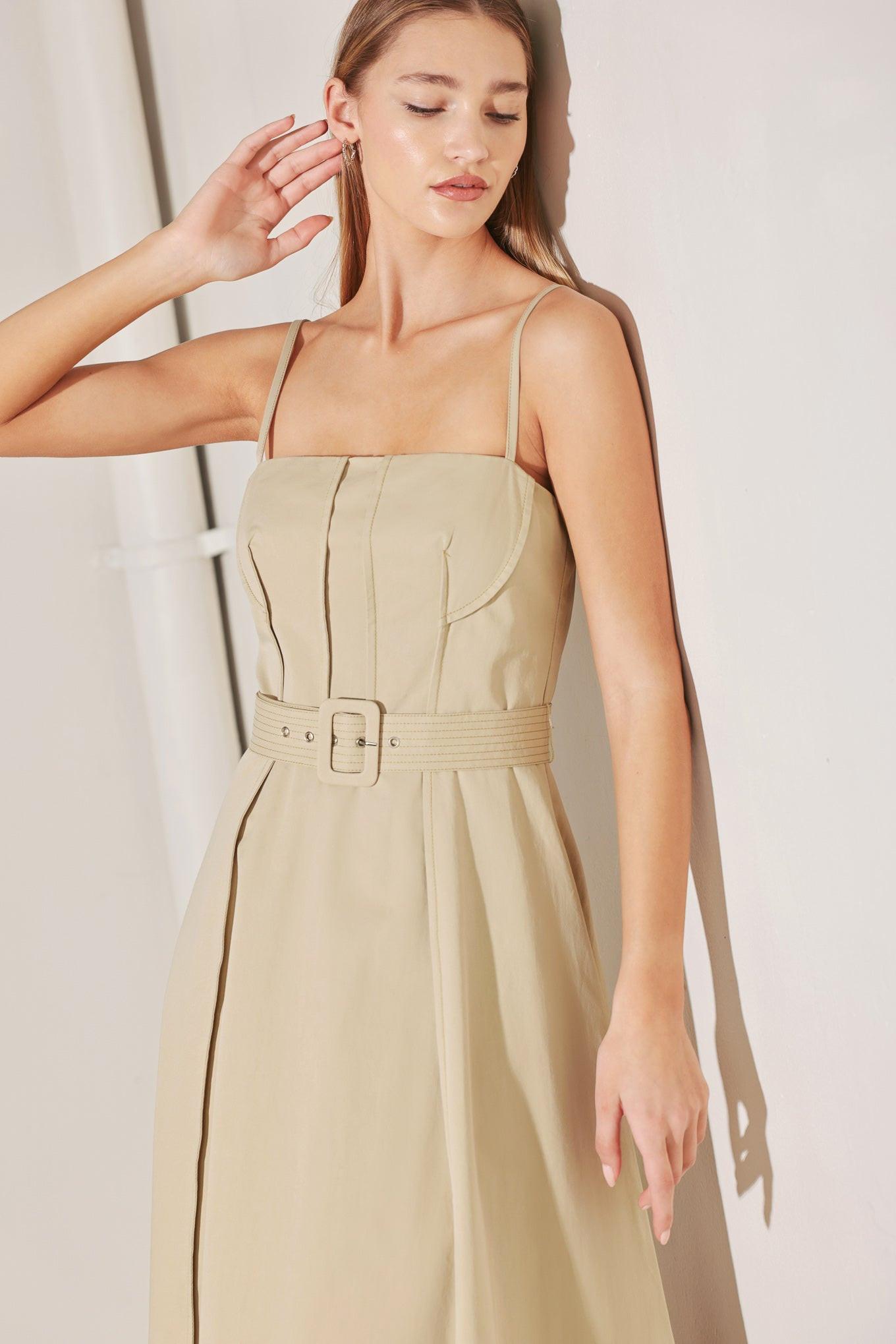 Understated Icon Woven Midi Dress in taupe, view 6 — Soul Flow Apparel