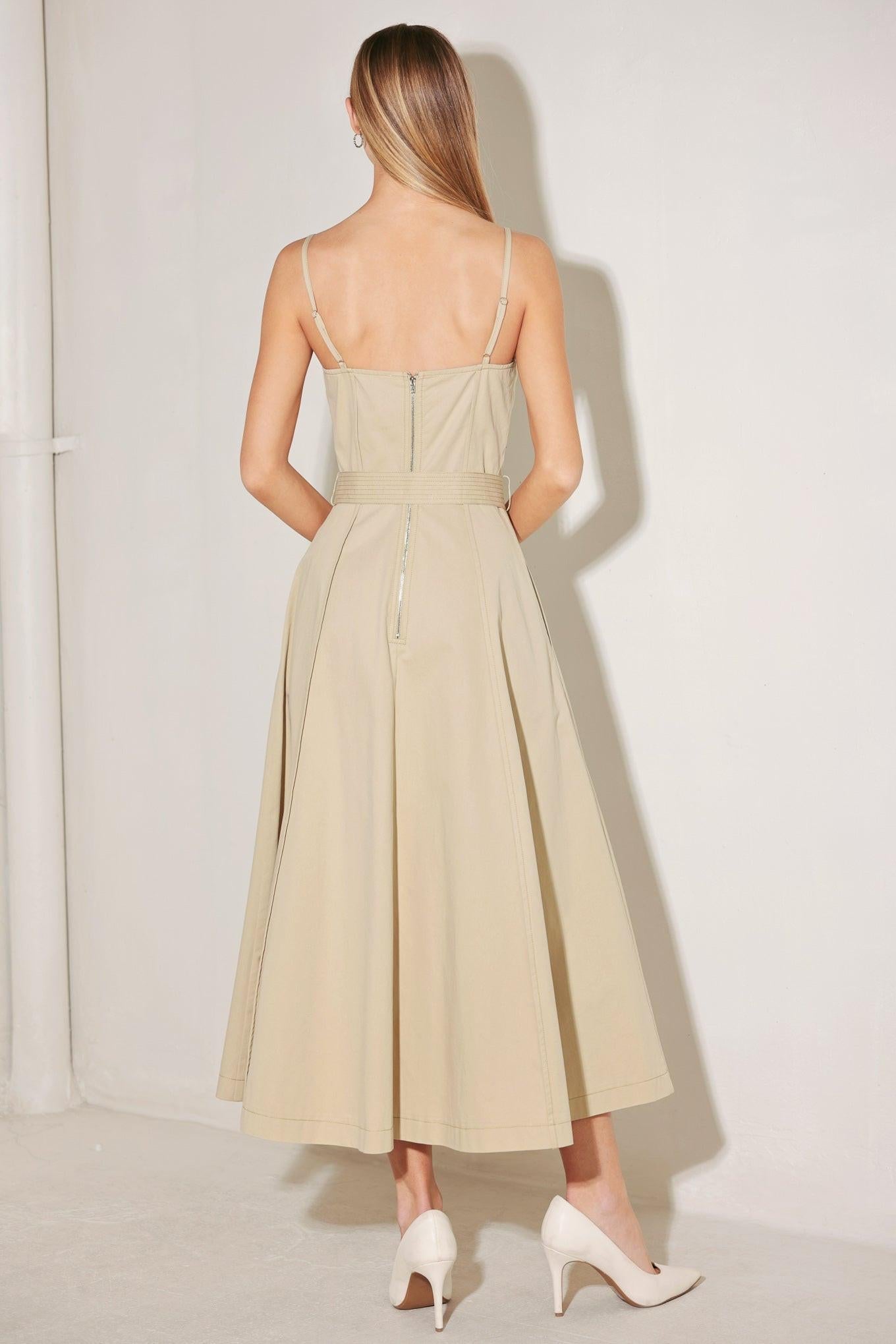 Understated Icon Woven Midi Dress in taupe, view 7 — Soul Flow Apparel