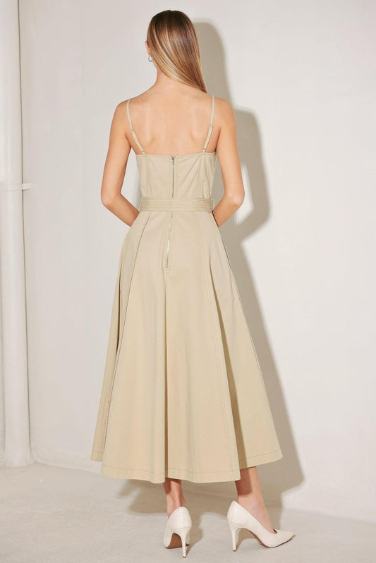 Understated Icon Woven Midi Dress in taupe, view 7 — Soul Flow Apparel