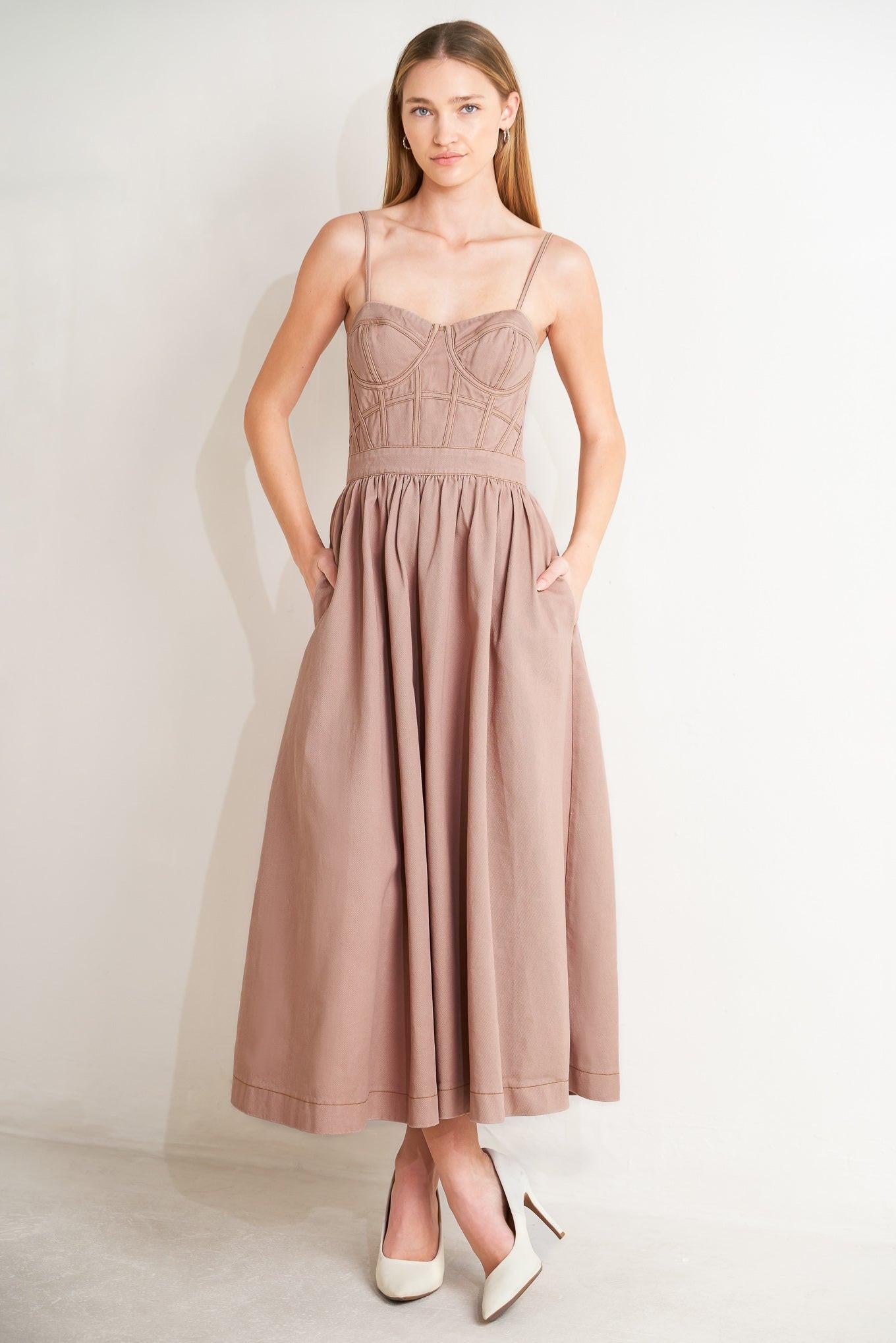 Understated Glam Woven Twill Midi Dress in washed pink, view 1 — Soul Flow Apparel