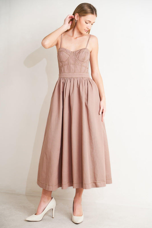 Understated Glam Woven Twill Midi Dress in washed pink, view 2 — Soul Flow Apparel