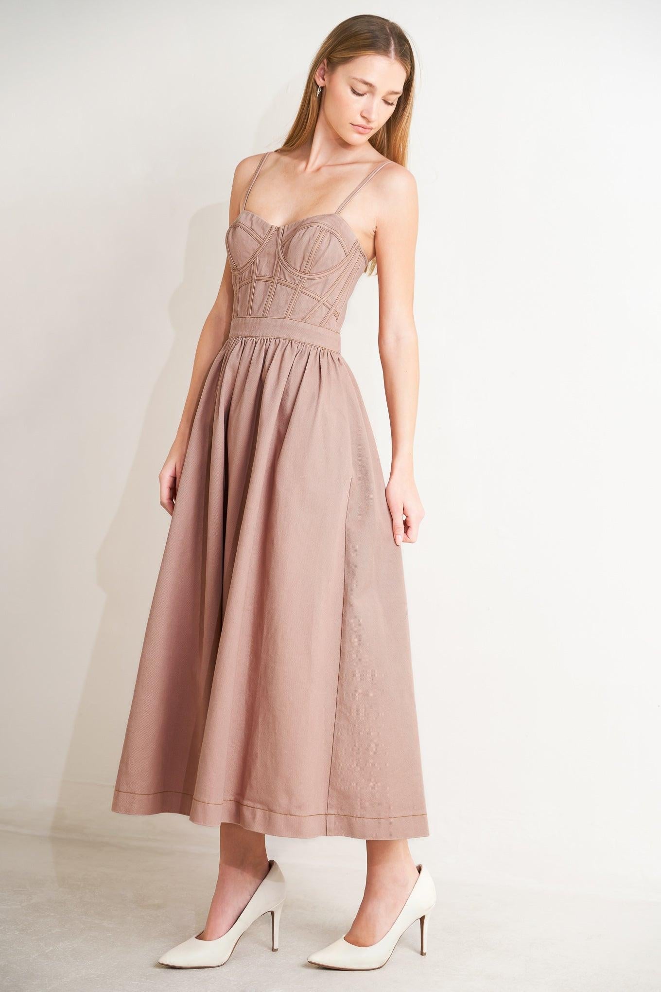 Understated Glam Woven Twill Midi Dress in washed pink, view 4 — Soul Flow Apparel