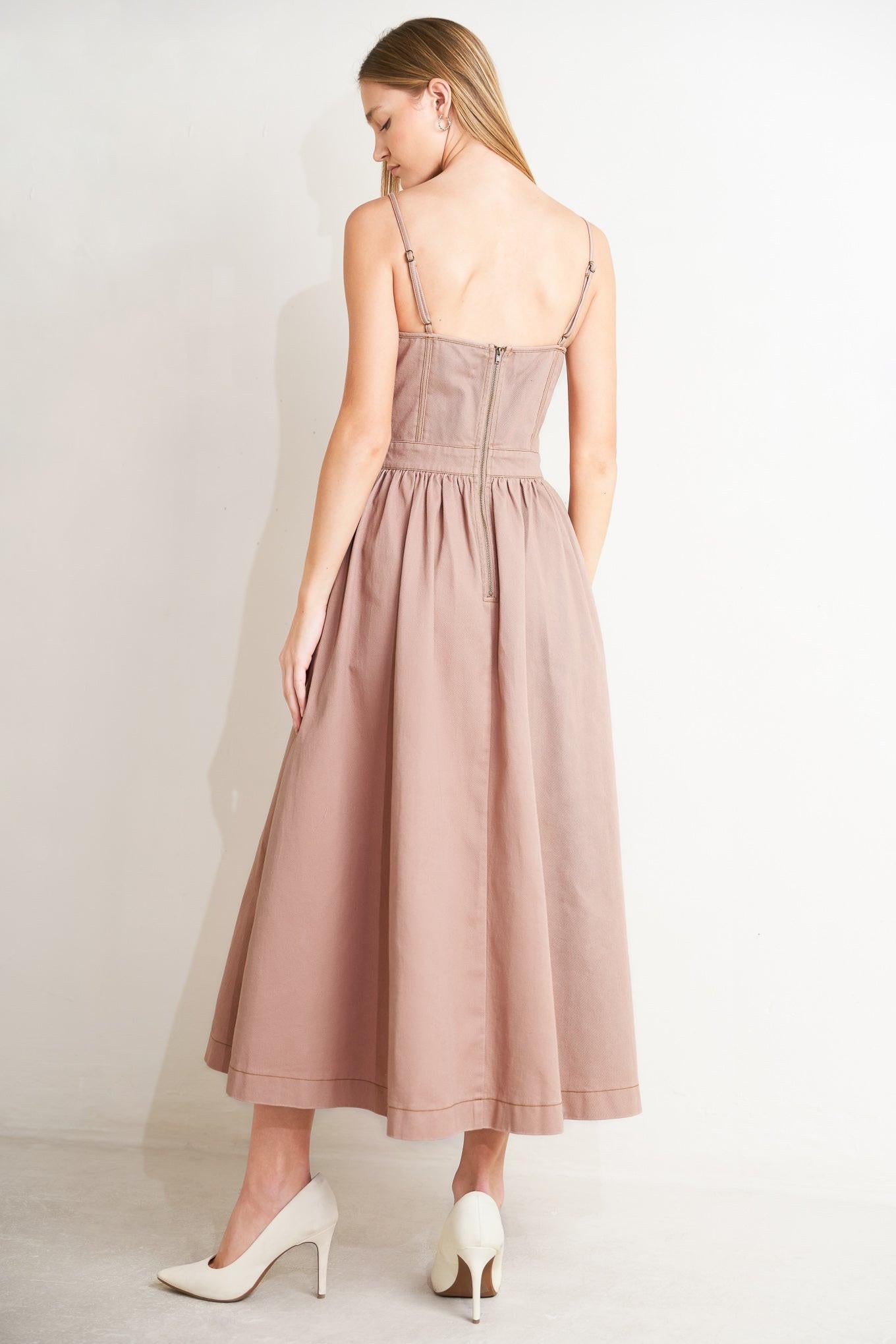 Understated Glam Woven Twill Midi Dress in washed pink, view 6 — Soul Flow Apparel