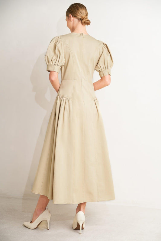Understated Icon Woven Midi Dress in khaki, view 2 — Soul Flow Apparel
