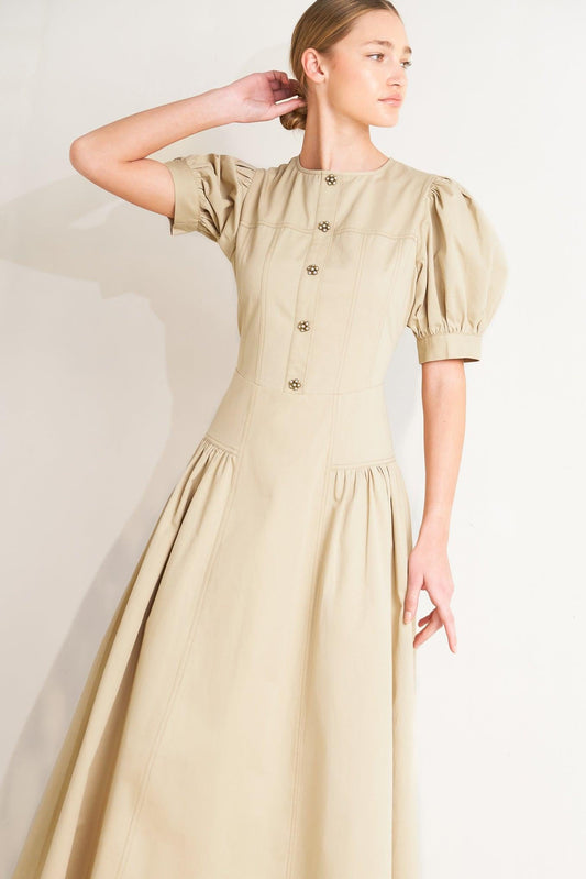 Understated Icon Woven Midi Dress in khaki, view 3 — Soul Flow Apparel