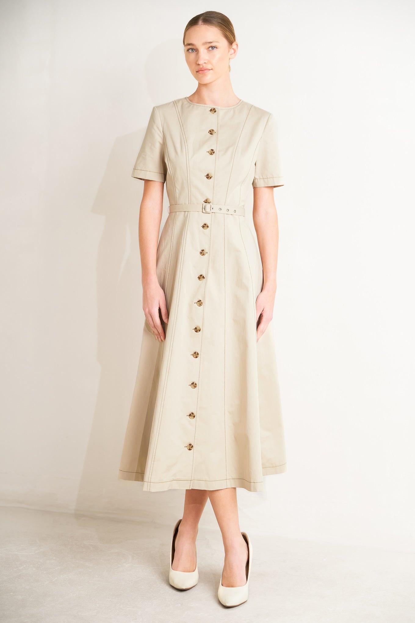 Command the Room Woven Midi Dress in khaki, view 1 — Soul Flow Apparel