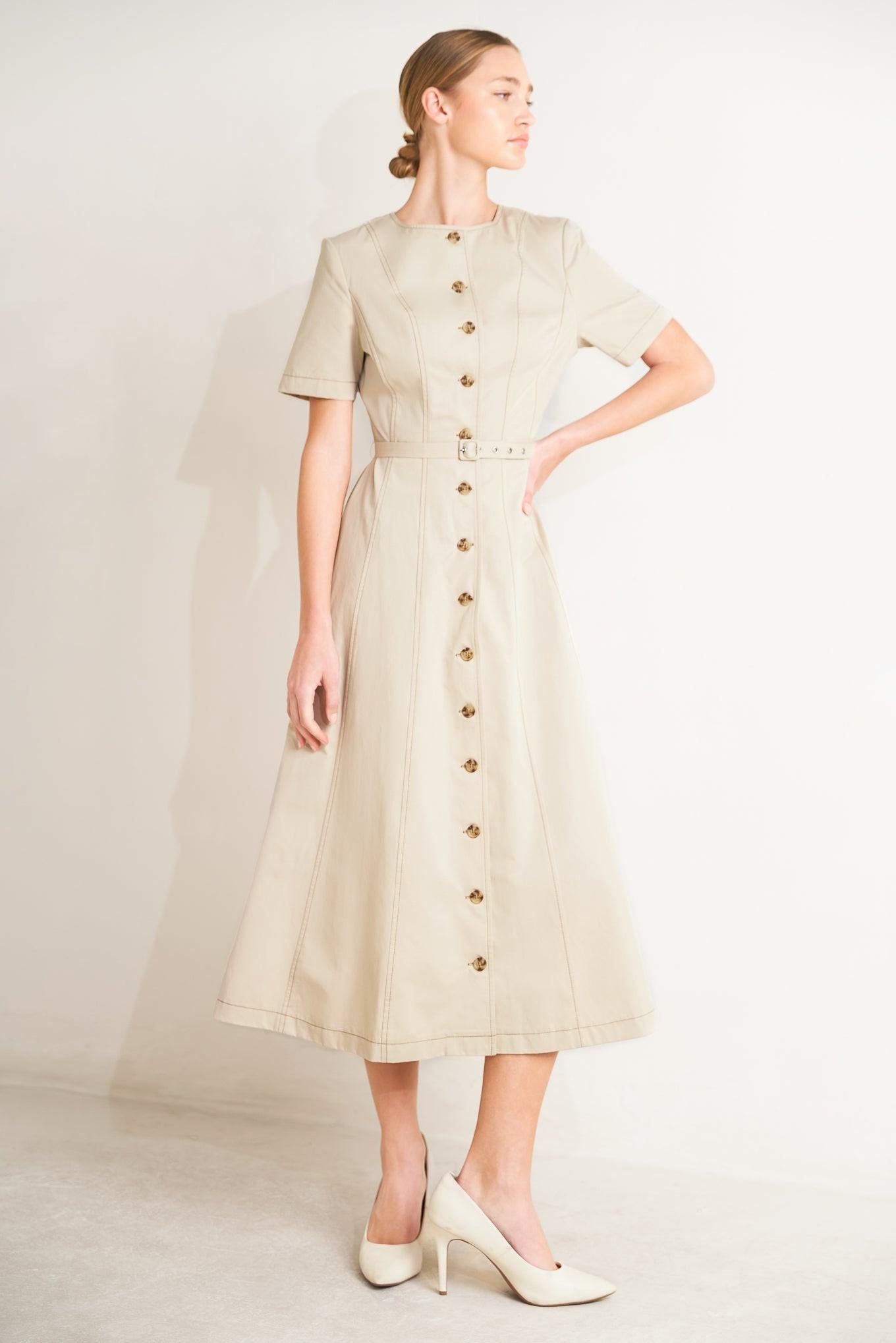 Command the Room Woven Midi Dress in khaki, view 2 — Soul Flow Apparel