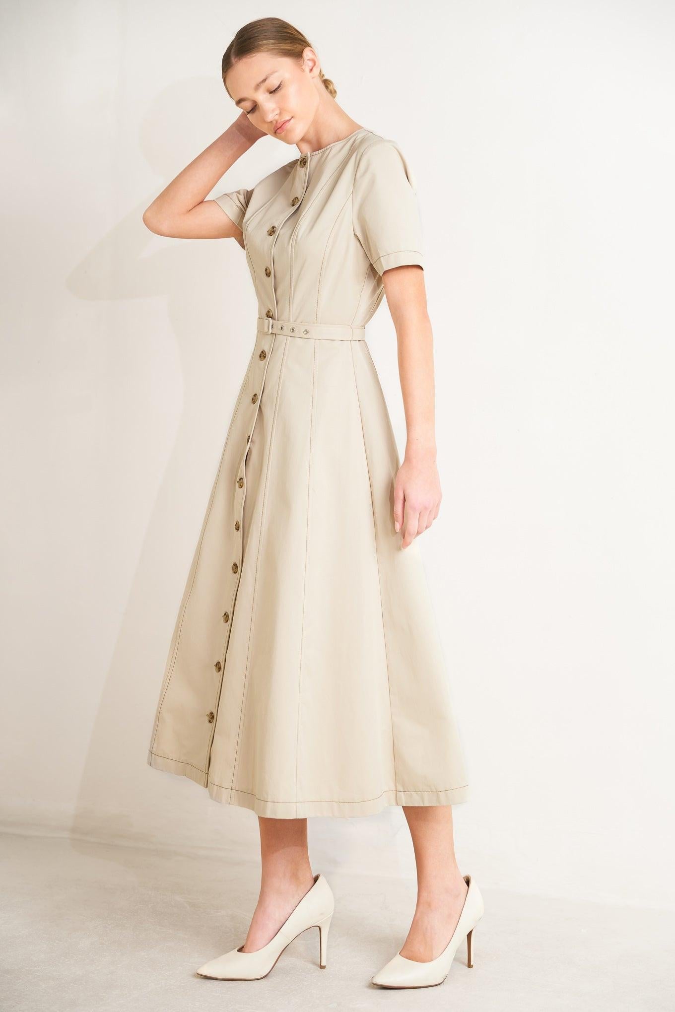 Command the Room Woven Midi Dress in khaki, view 4 — Soul Flow Apparel