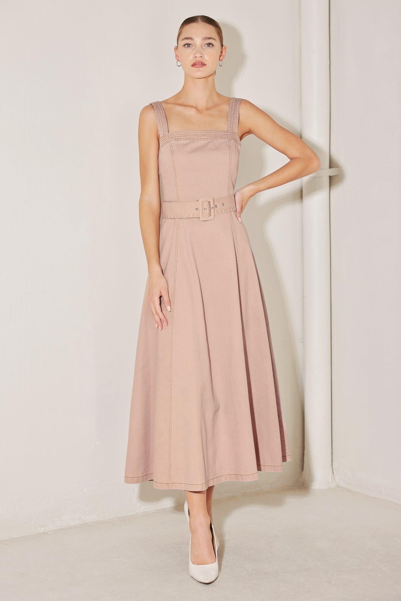 Elevated Neutral Blush Woven Midi Dress, view 1 — Soul Flow Apparel