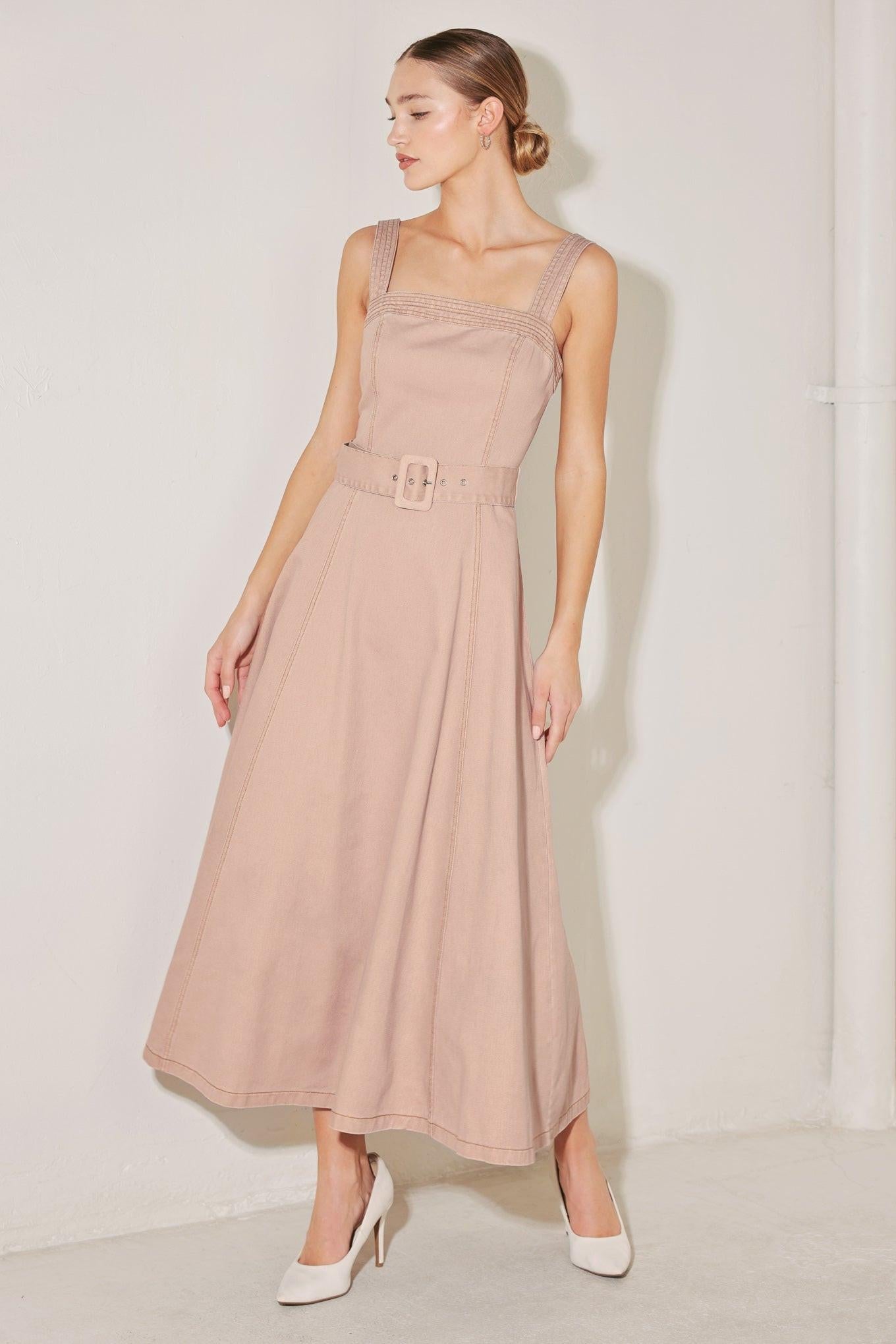 Elevated Neutral Blush Woven Midi Dress, view 2 — Soul Flow Apparel