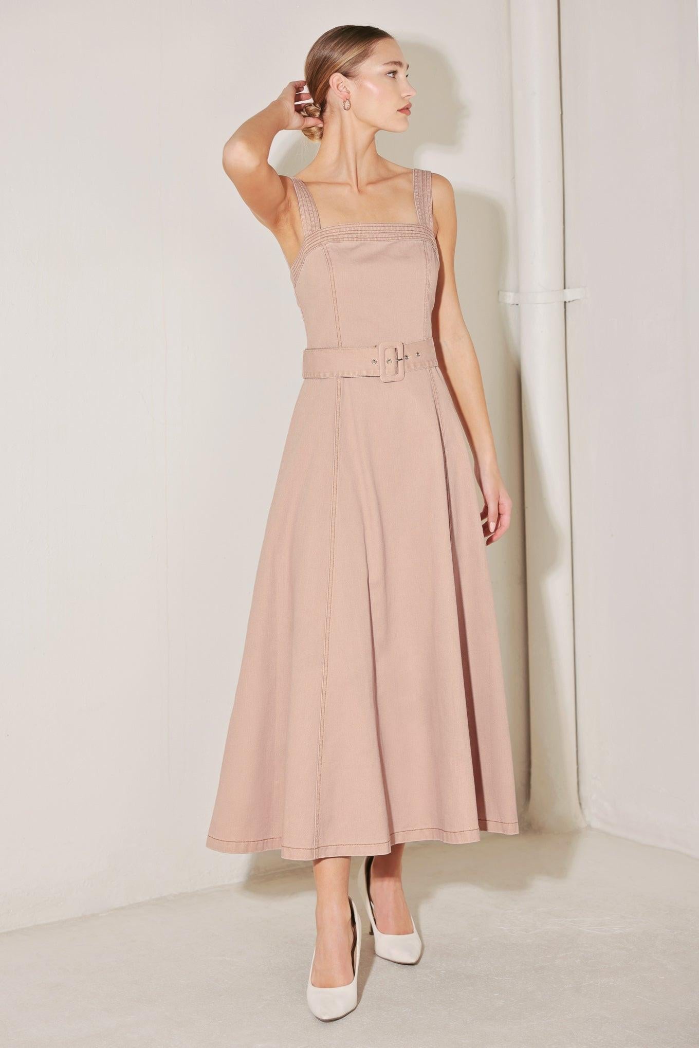 Elevated Neutral Blush Woven Midi Dress, view 3 — Soul Flow Apparel