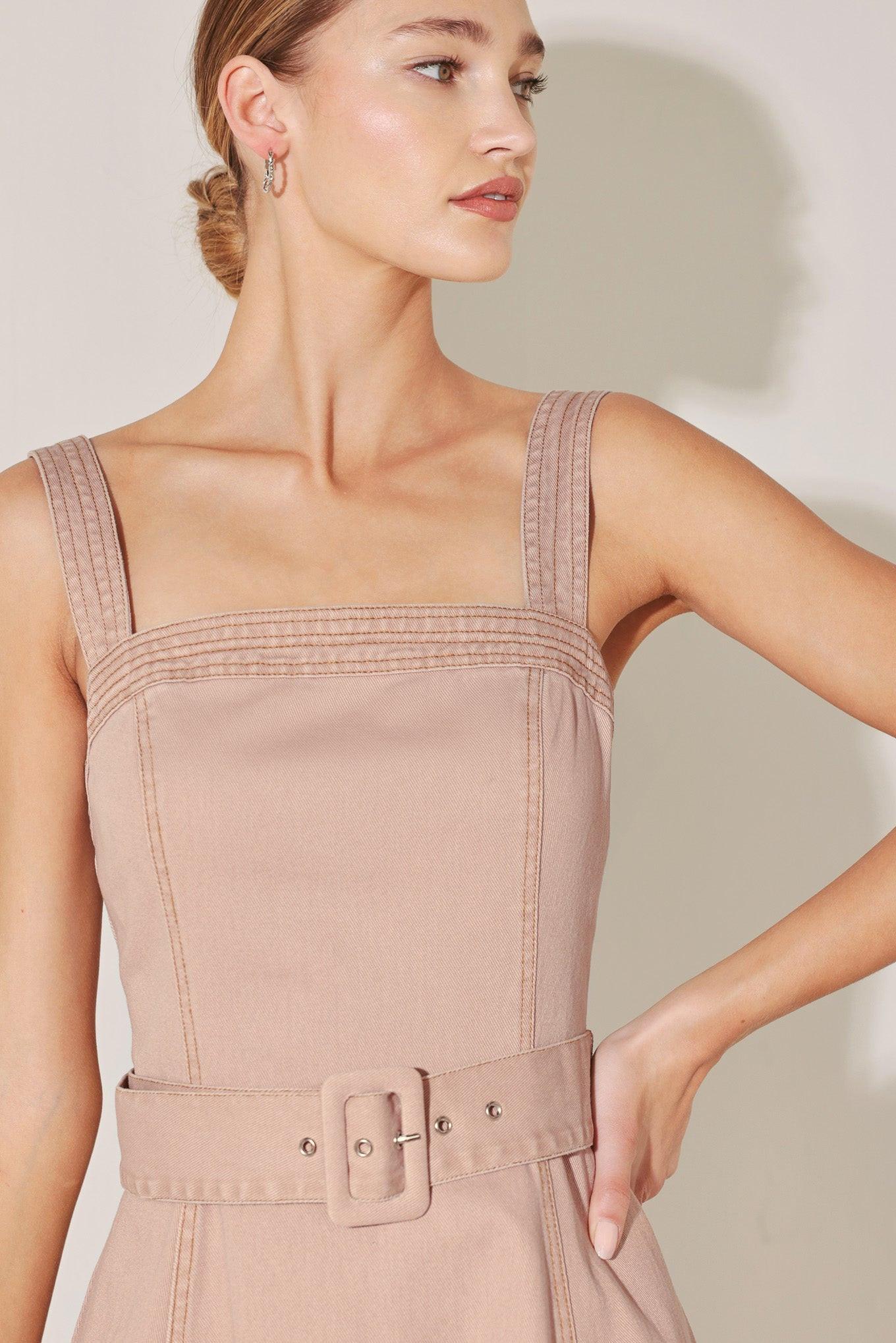Elevated Neutral Blush Woven Midi Dress, view 4 — Soul Flow Apparel