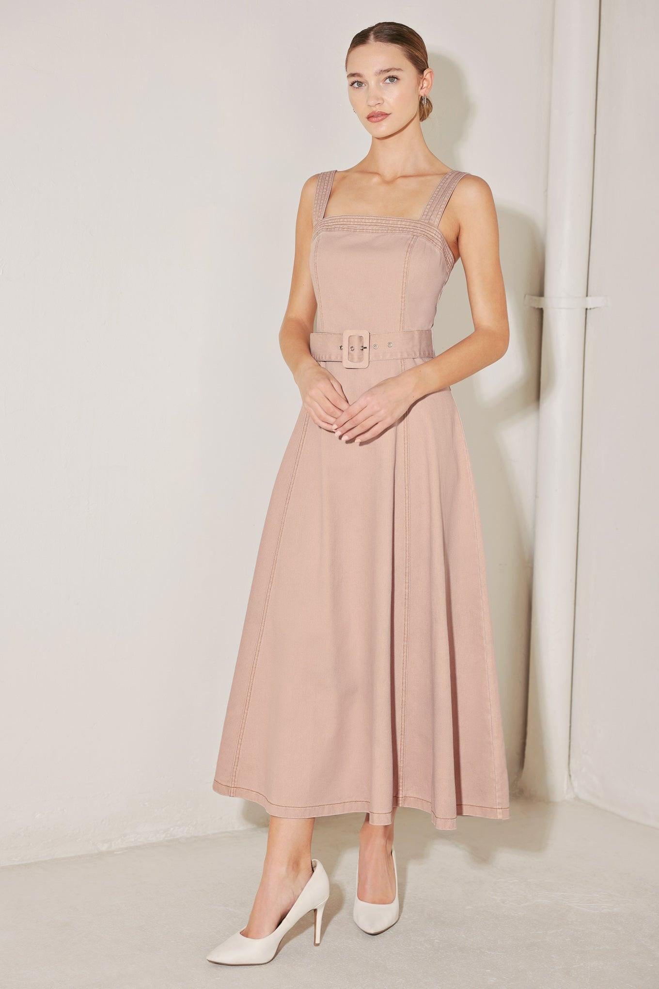 Elevated Neutral Blush Woven Midi Dress, view 6 — Soul Flow Apparel