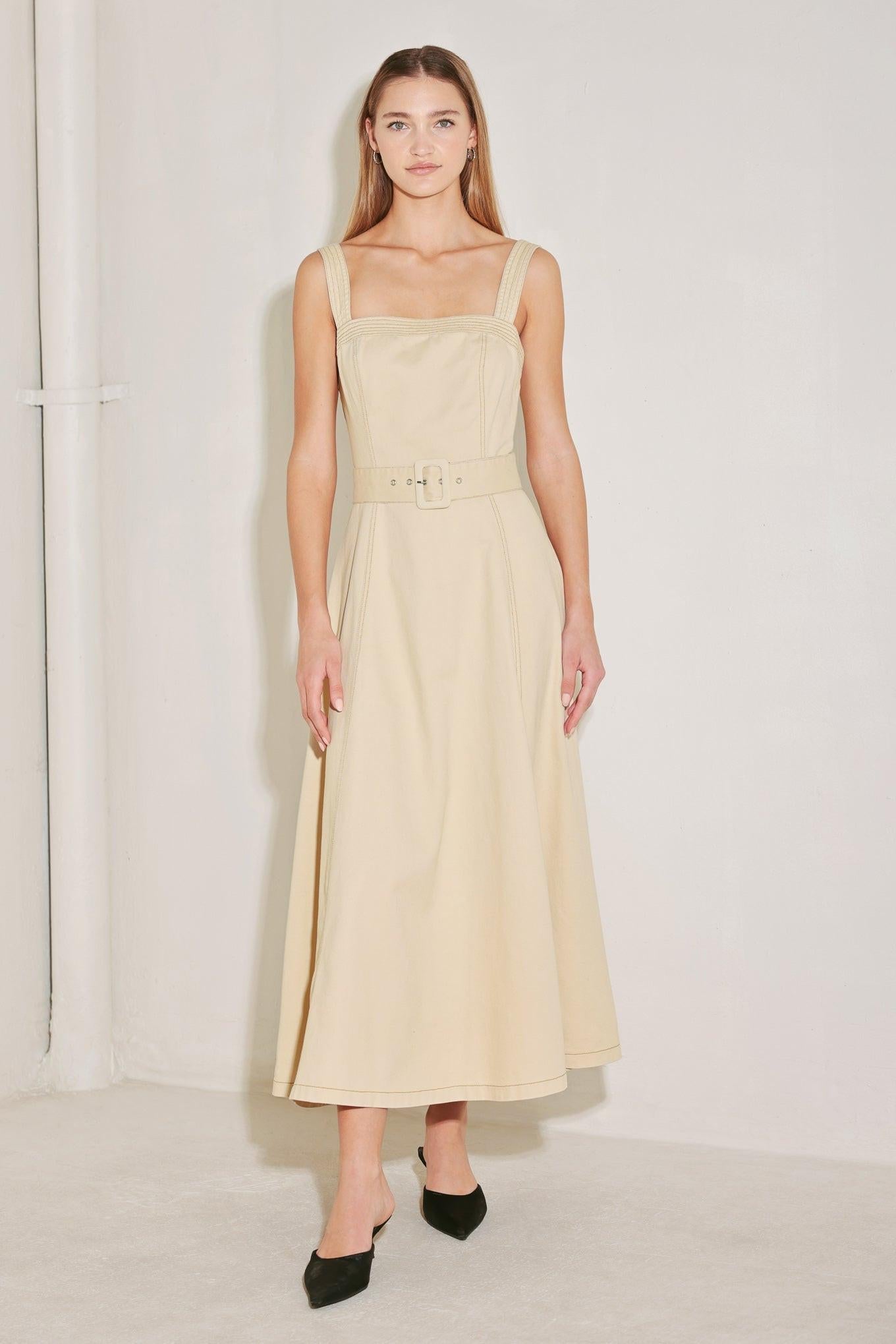 Elevated Neutral Woven Midi Dress, view 1 — Soul Flow Apparel
