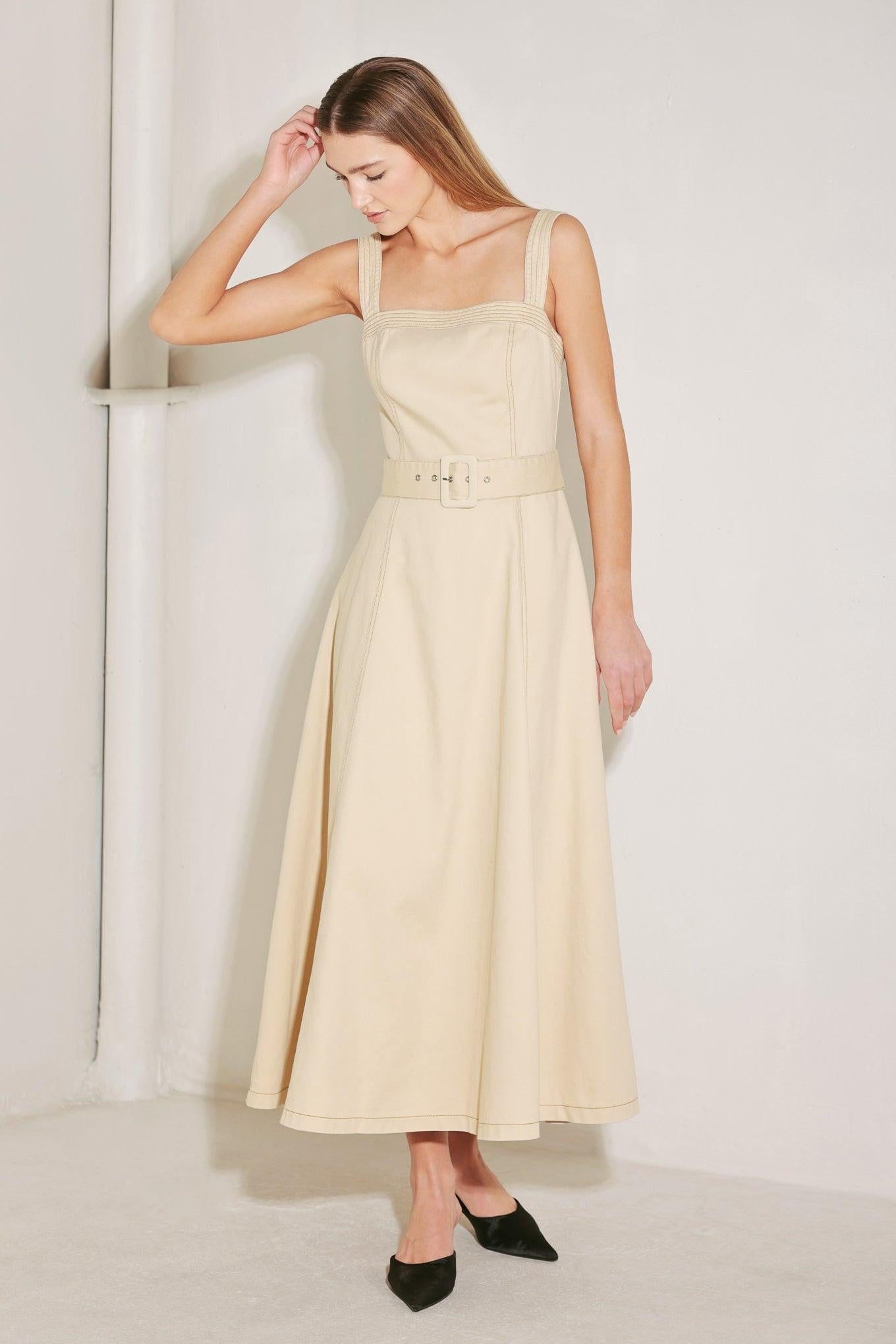 Elevated Neutral Woven Midi Dress, view 2 — Soul Flow Apparel