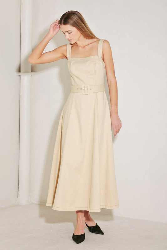 Elevated Neutral Woven Midi Dress, view 2 — Soul Flow Apparel