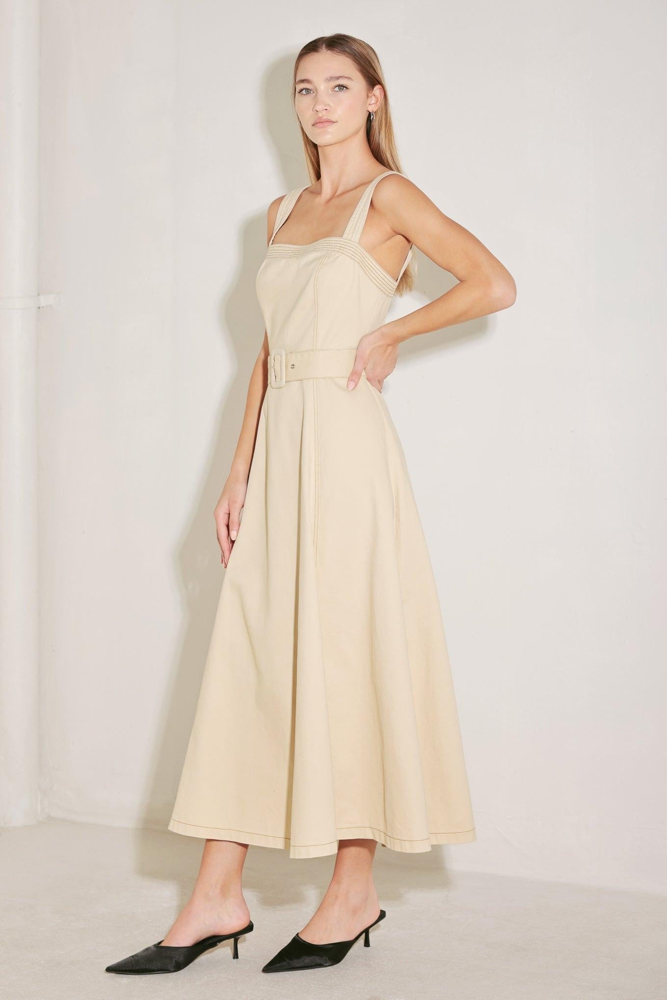Elevated Neutral Woven Midi Dress, view 5 — Soul Flow Apparel