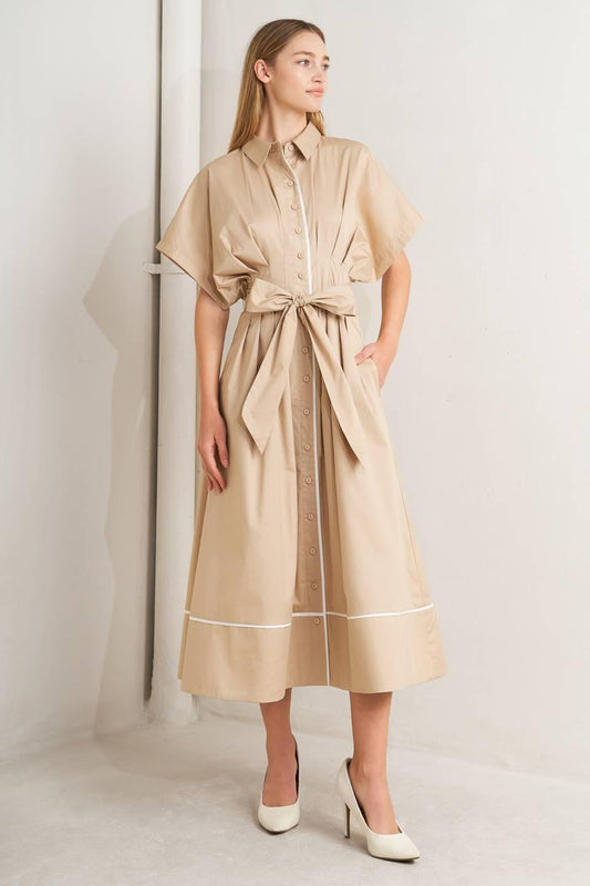 Catch You Later Khaki Woven Midi Dress in white, view 1 — Soul Flow Apparel