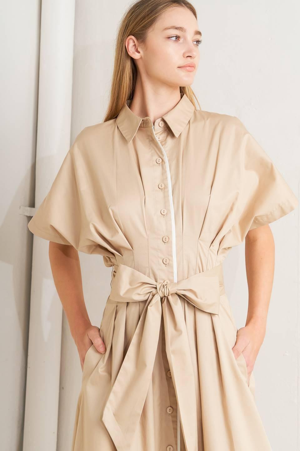 Catch You Later Khaki Woven Midi Dress in white, view 7 — Soul Flow Apparel