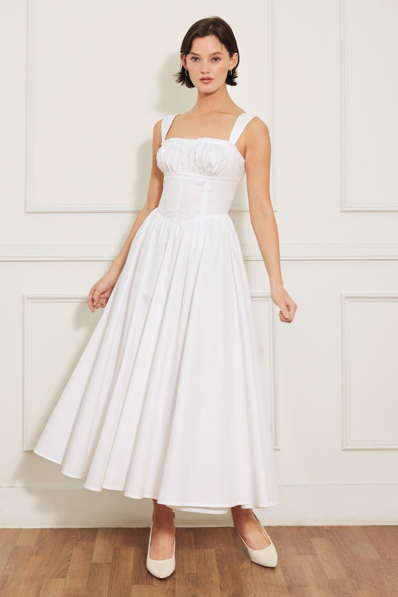 Sweetheart Serenade Woven Midi Dress in white, view 1 — Soul Flow Apparel