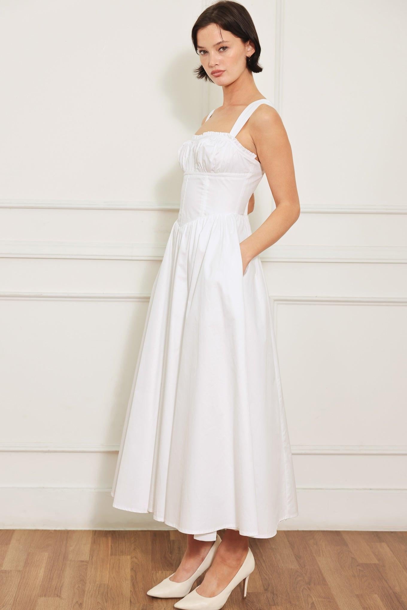 Sweetheart Serenade Woven Midi Dress in white, view 2 — Soul Flow Apparel