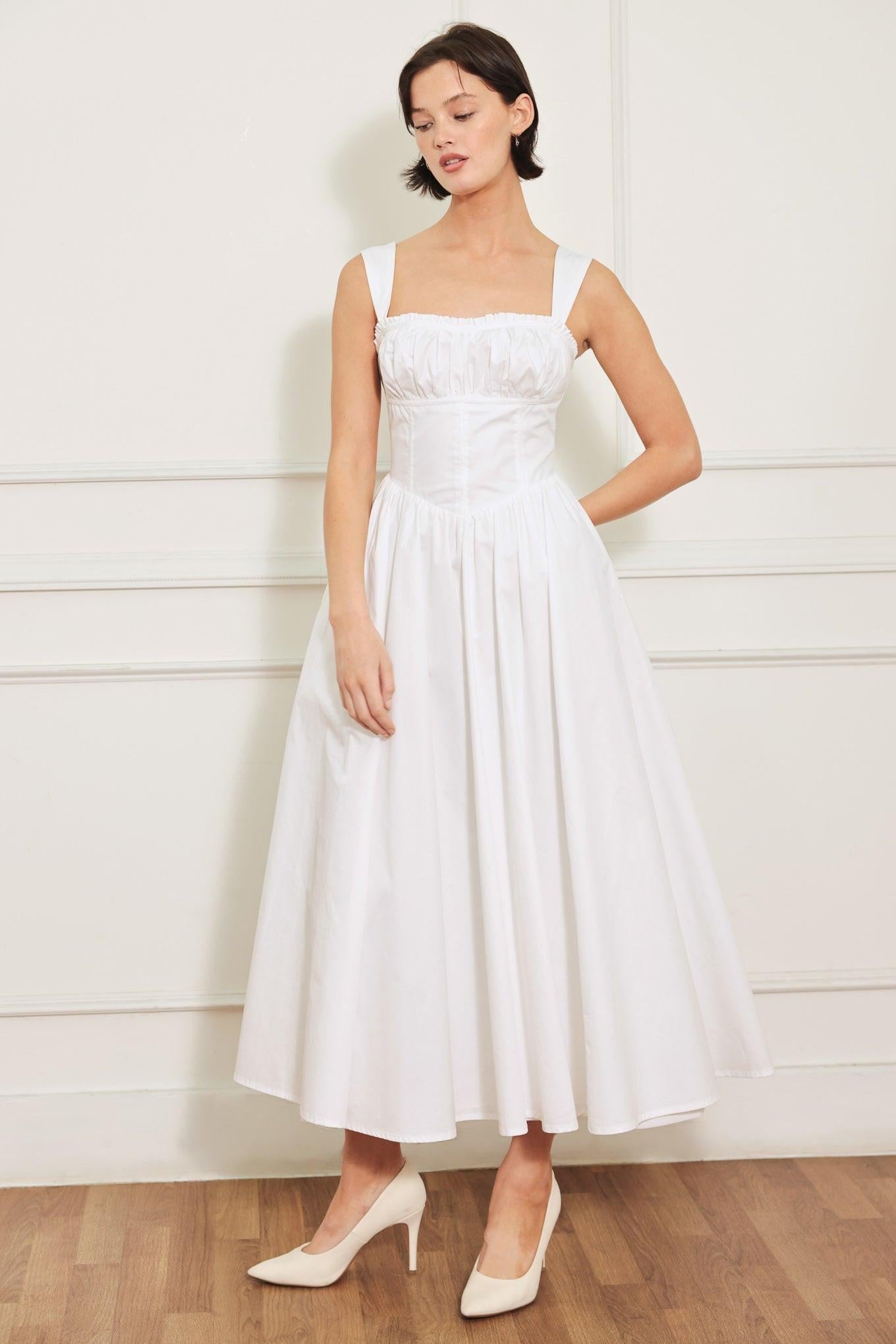 Sweetheart Serenade Woven Midi Dress in white, view 3 — Soul Flow Apparel