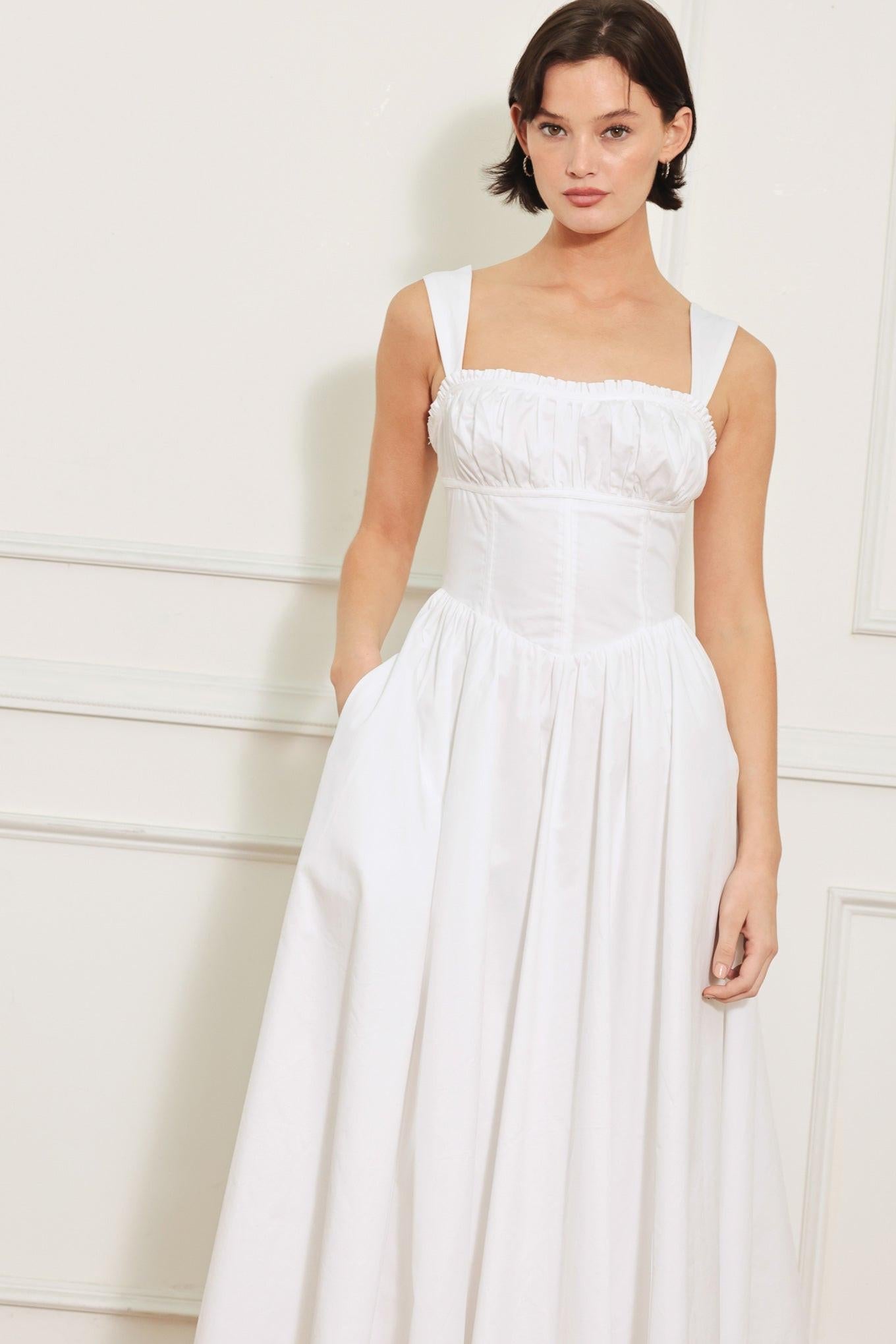Sweetheart Serenade Woven Midi Dress in white, view 4 — Soul Flow Apparel