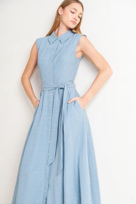 Cafe Au Lait Woven Midi Dress in blue, view 5 — Soul Flow Apparel