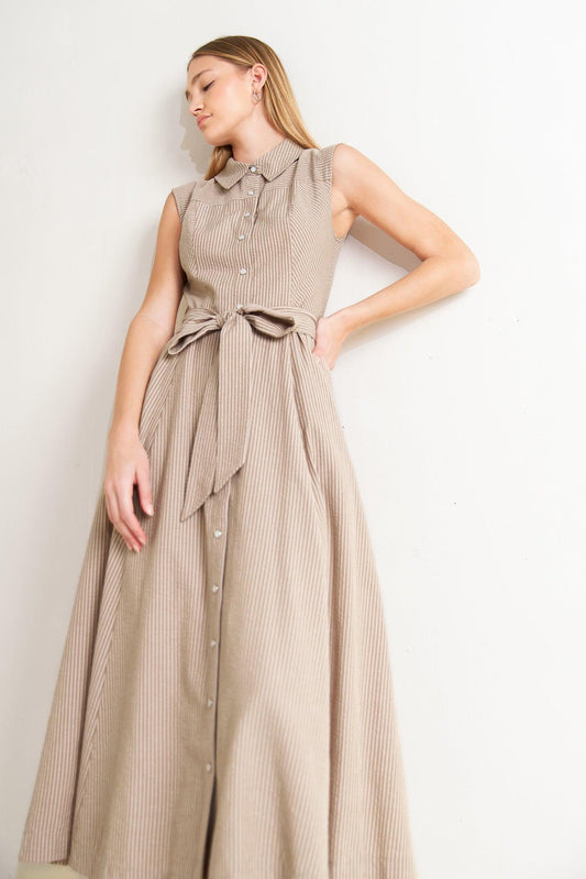 Cafe Au Lait Woven Midi Dress in taupe, view 8 — Soul Flow Apparel