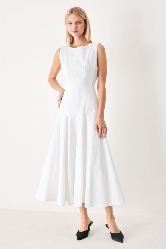 Refined Beauty Woven Midi Dress in white, view 1 — Soul Flow Apparel