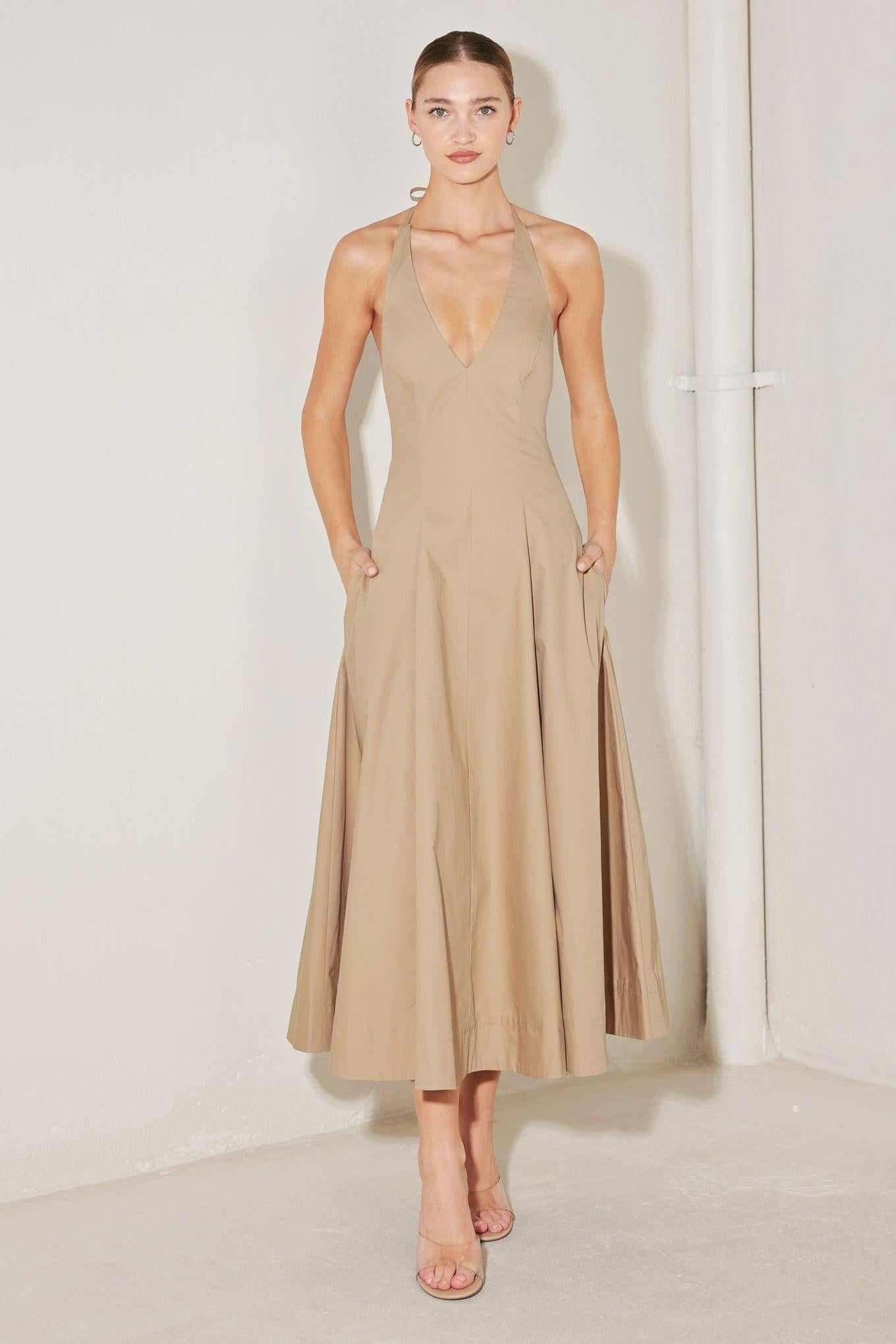 Resort Main Character Woven Midi Dress in sand, view 1 — Soul Flow Apparel