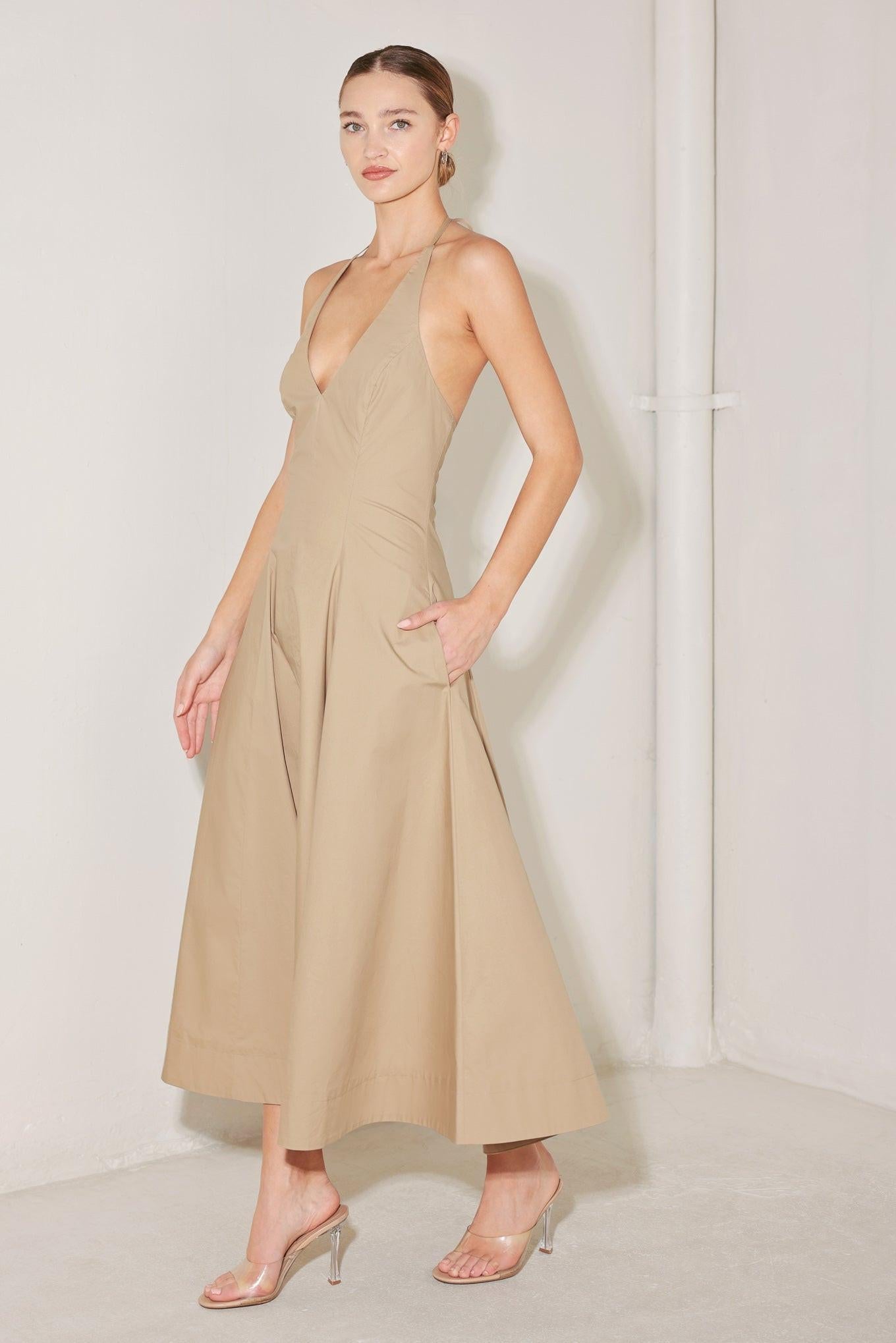 Resort Main Character Woven Midi Dress in sand, view 4 — Soul Flow Apparel