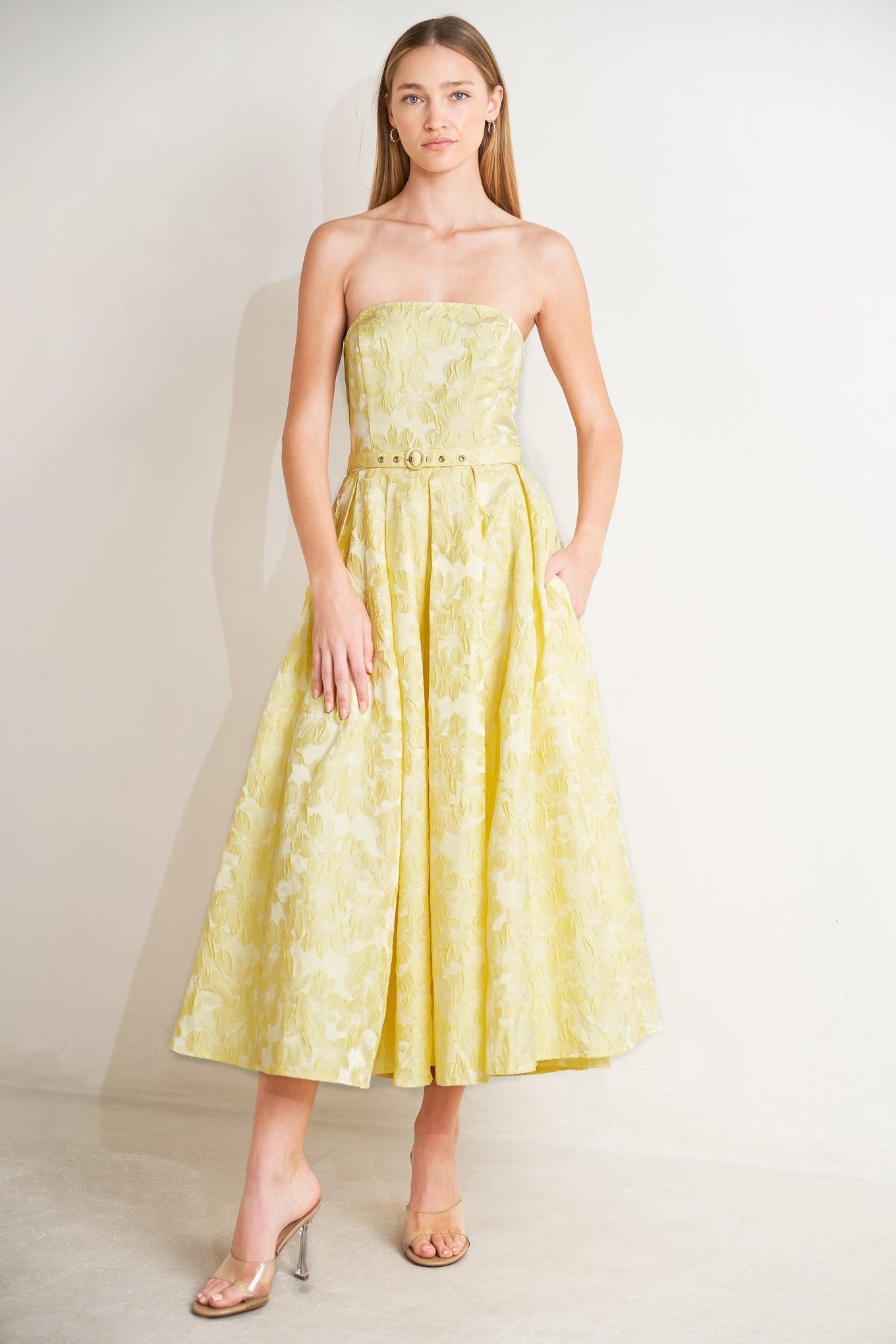 Buttercup Bloom Woven Midi Dress in lemon, view 1 — Soul Flow Apparel
