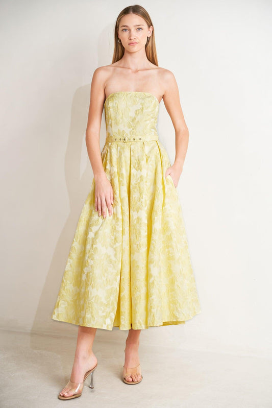 Buttercup Bloom Woven Midi Dress in lemon, view 1 — Soul Flow Apparel