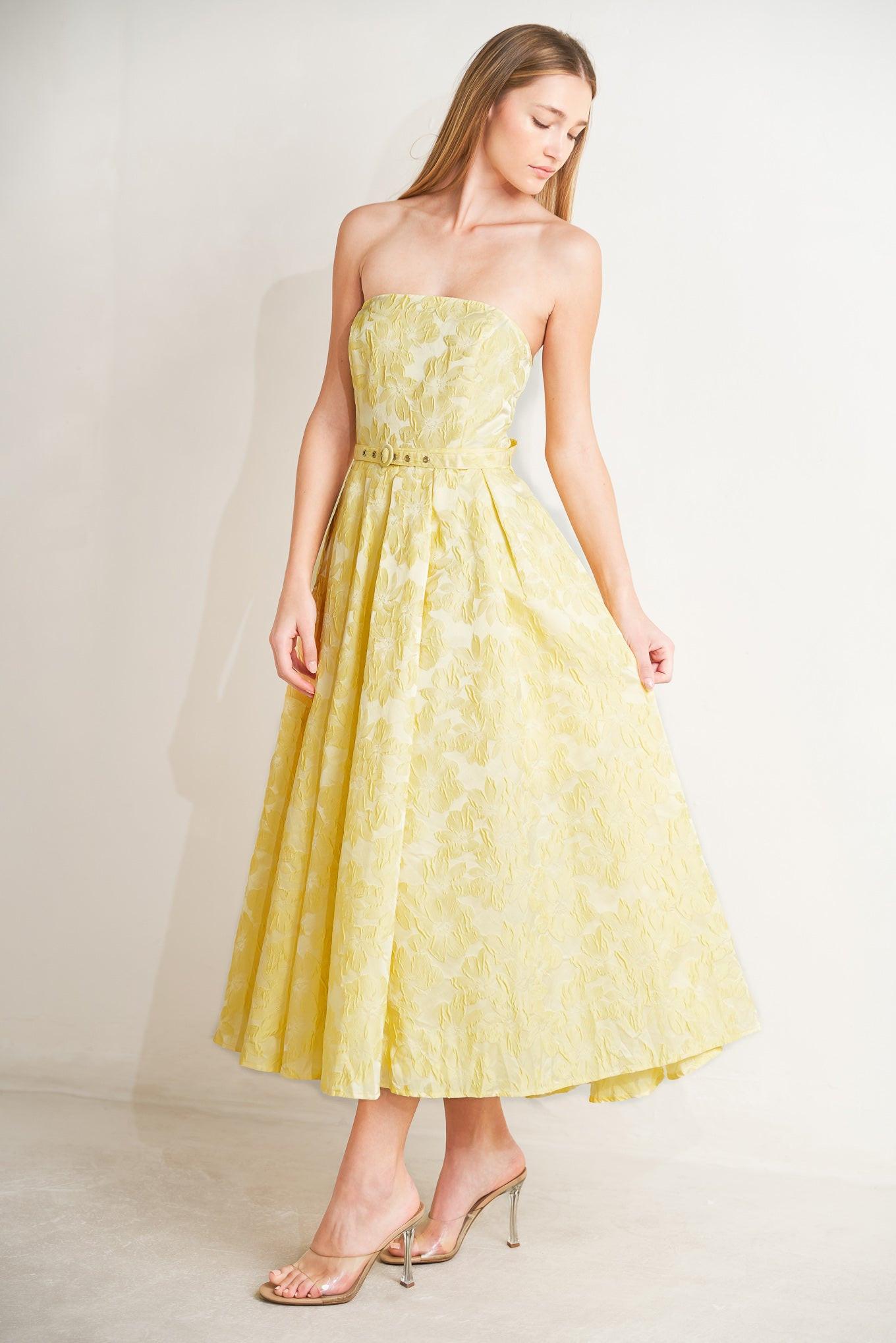 Buttercup Bloom Woven Midi Dress in lemon, view 3 — Soul Flow Apparel