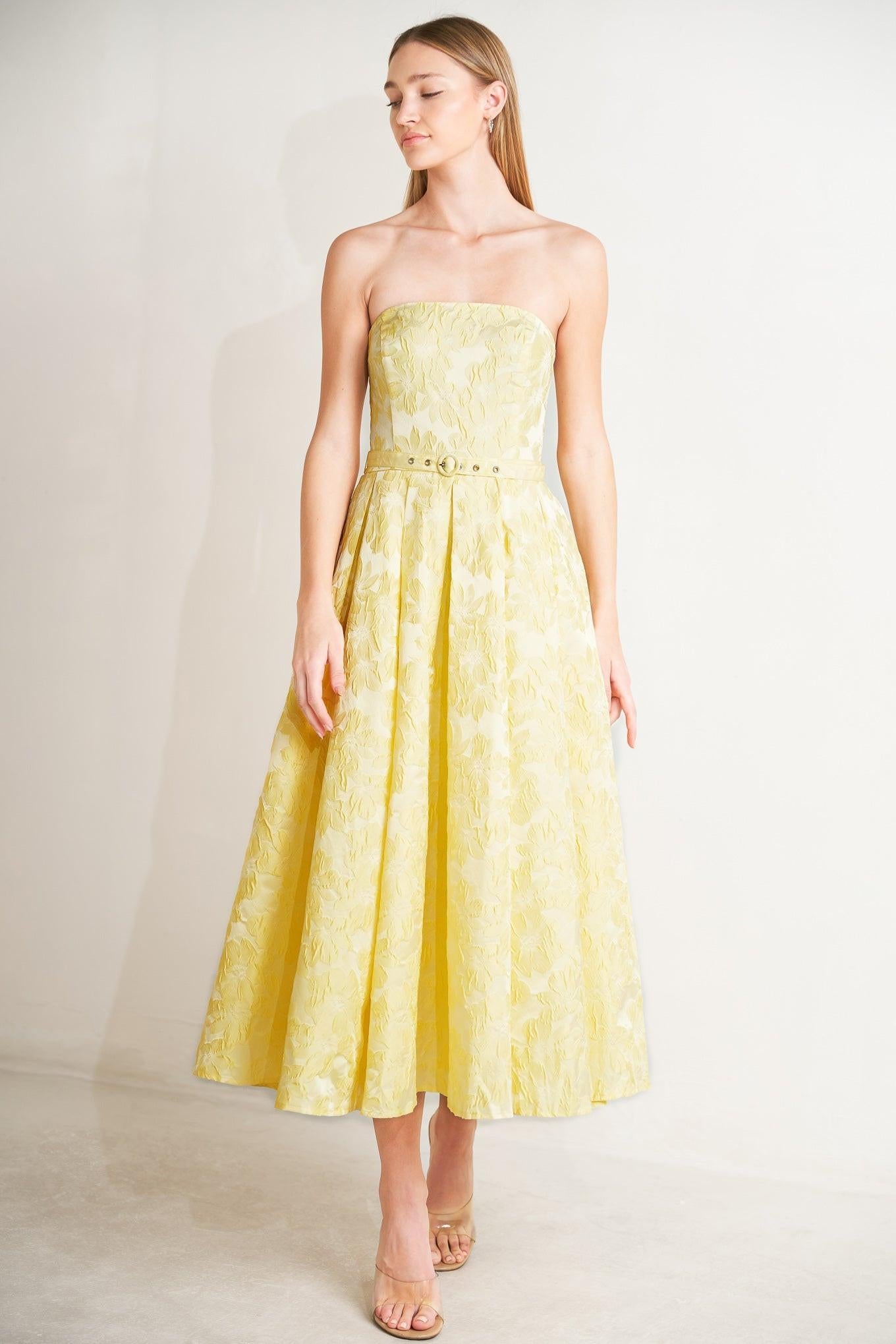 Buttercup Bloom Woven Midi Dress in lemon, view 4 — Soul Flow Apparel