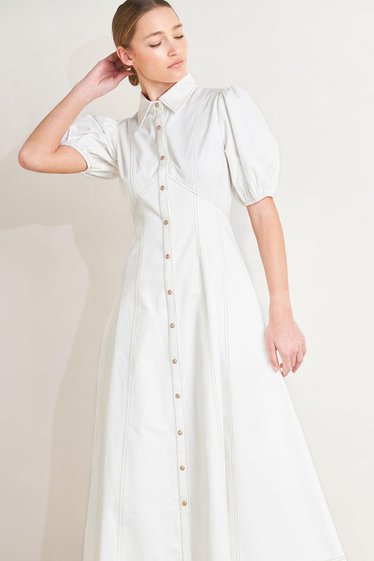 Sweet Sophistication Woven Midi Dress in off-white, view 2 — Soul Flow Apparel